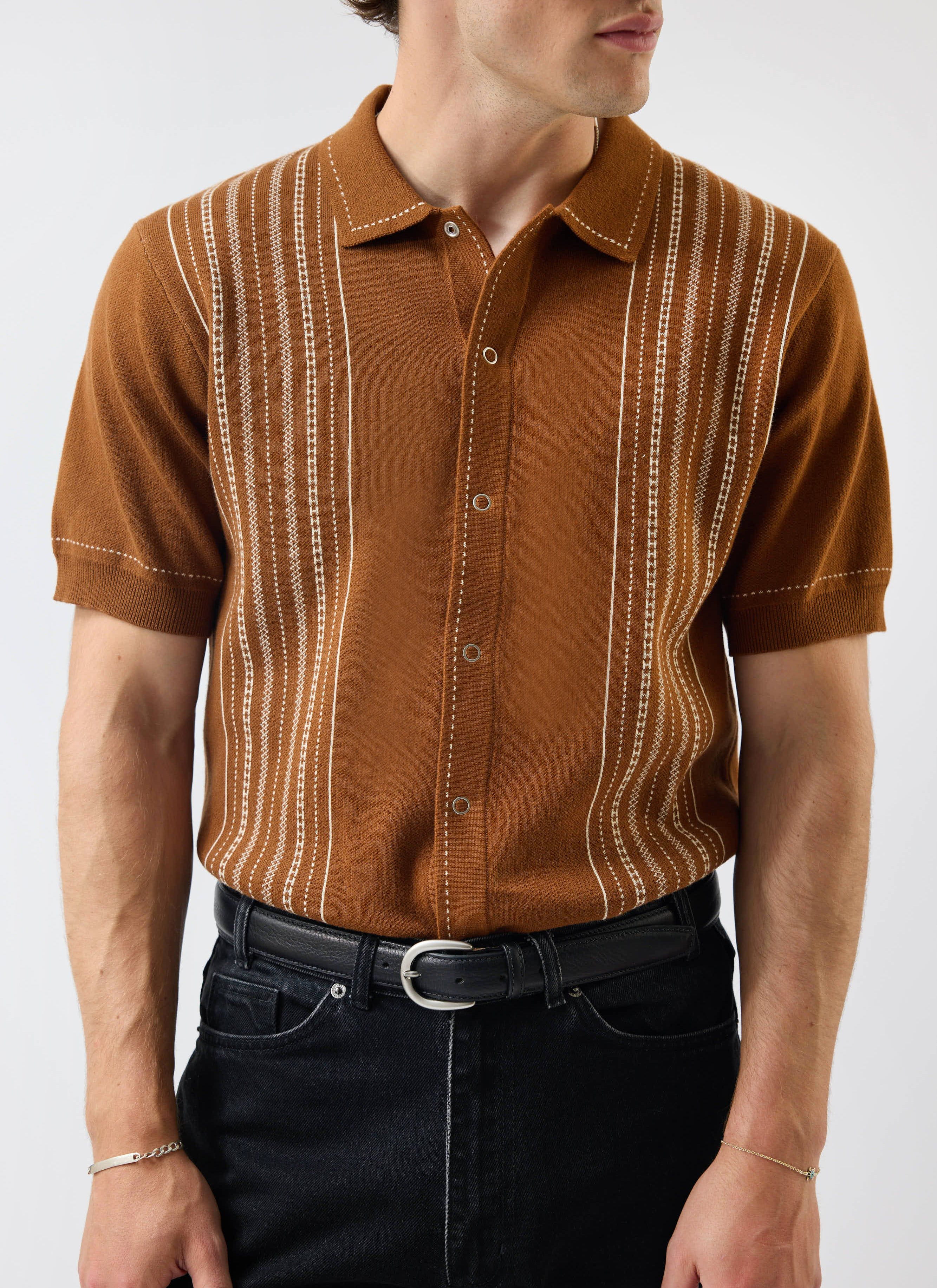 Accolades Knitted Short Sleeve Shirt | Cotton | Tobacco Brown - Image 3