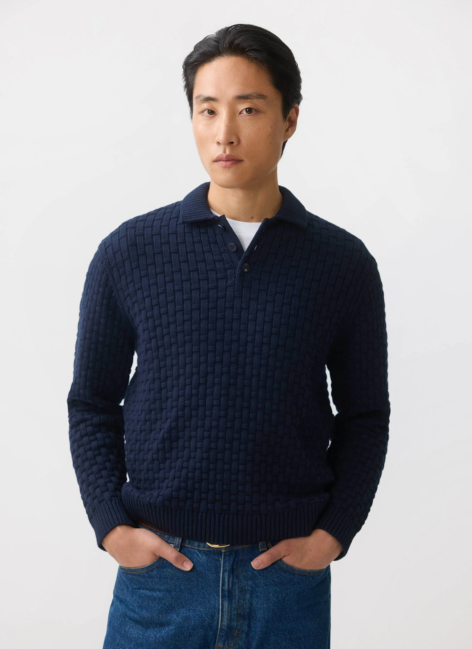 Archer Basketweave Long Sleeve Knitted Shirt | Cotton | Navy