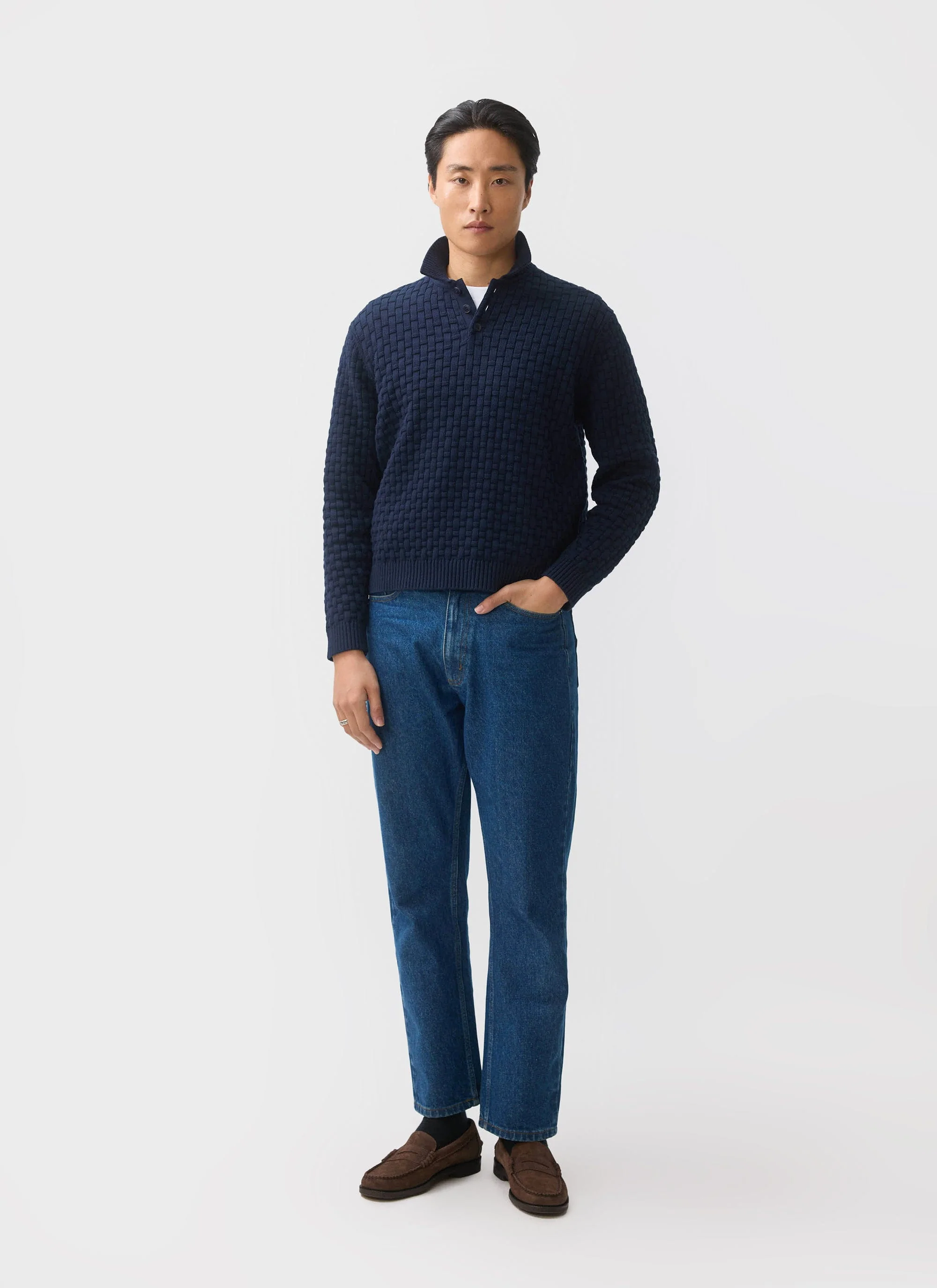 Archer Basketweave Long Sleeve Knitted Shirt | Cotton | Navy - Image 2