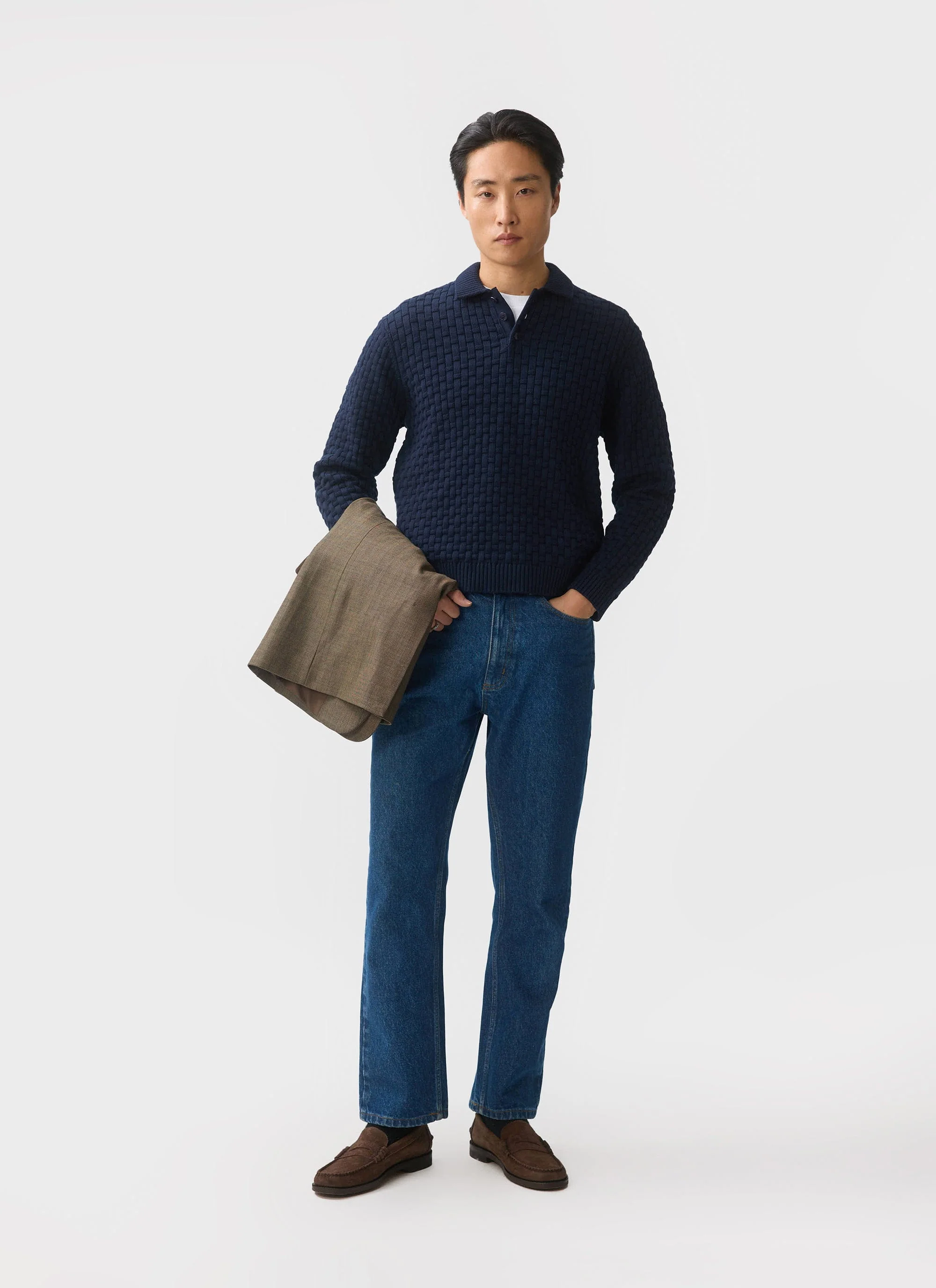Archer Basketweave Long Sleeve Knitted Shirt | Cotton | Navy - Image 3
