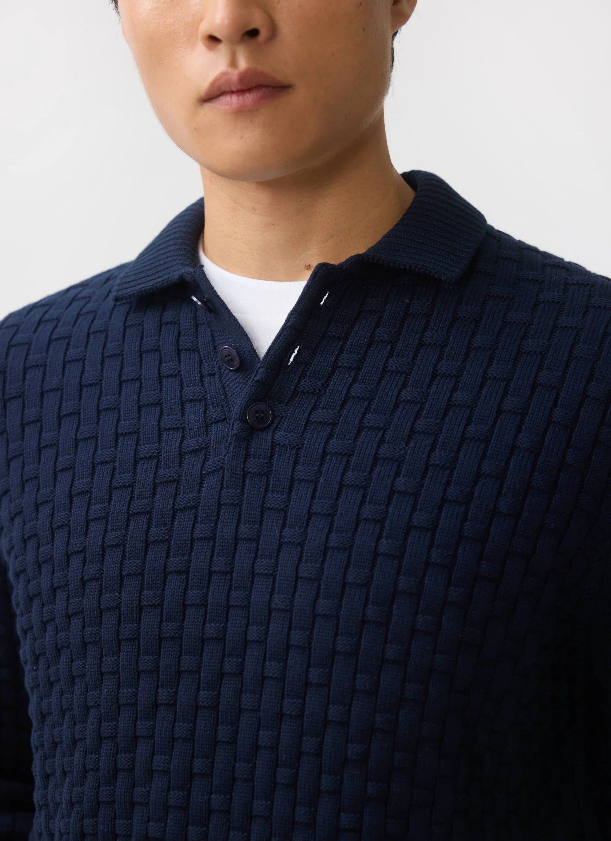 Archer Basketweave Long Sleeve Knitted Shirt | Cotton | Navy - Image 5