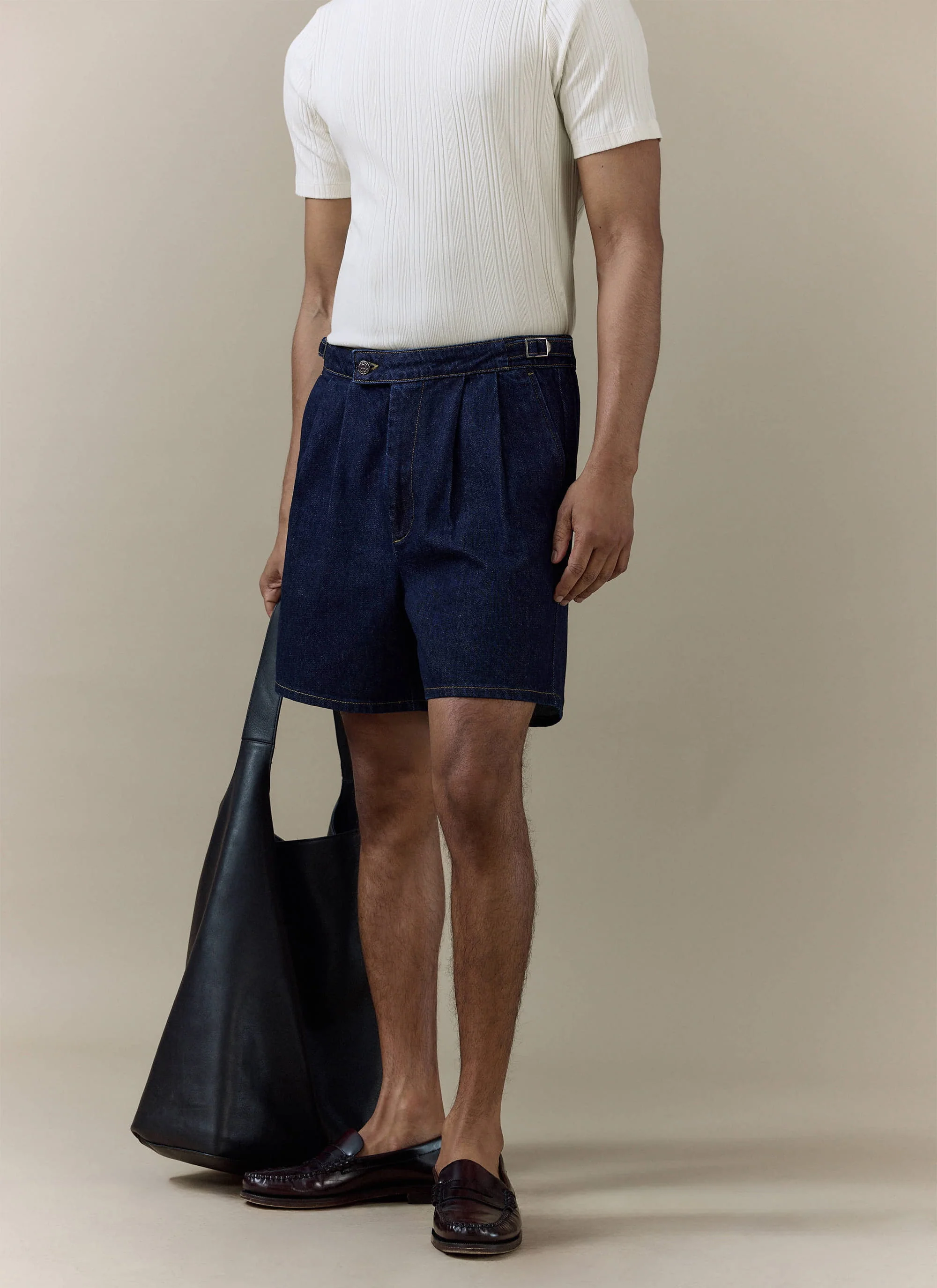 Blake Double Pleated Denim Shorts | Cotton | Dark Indigo - Image 4