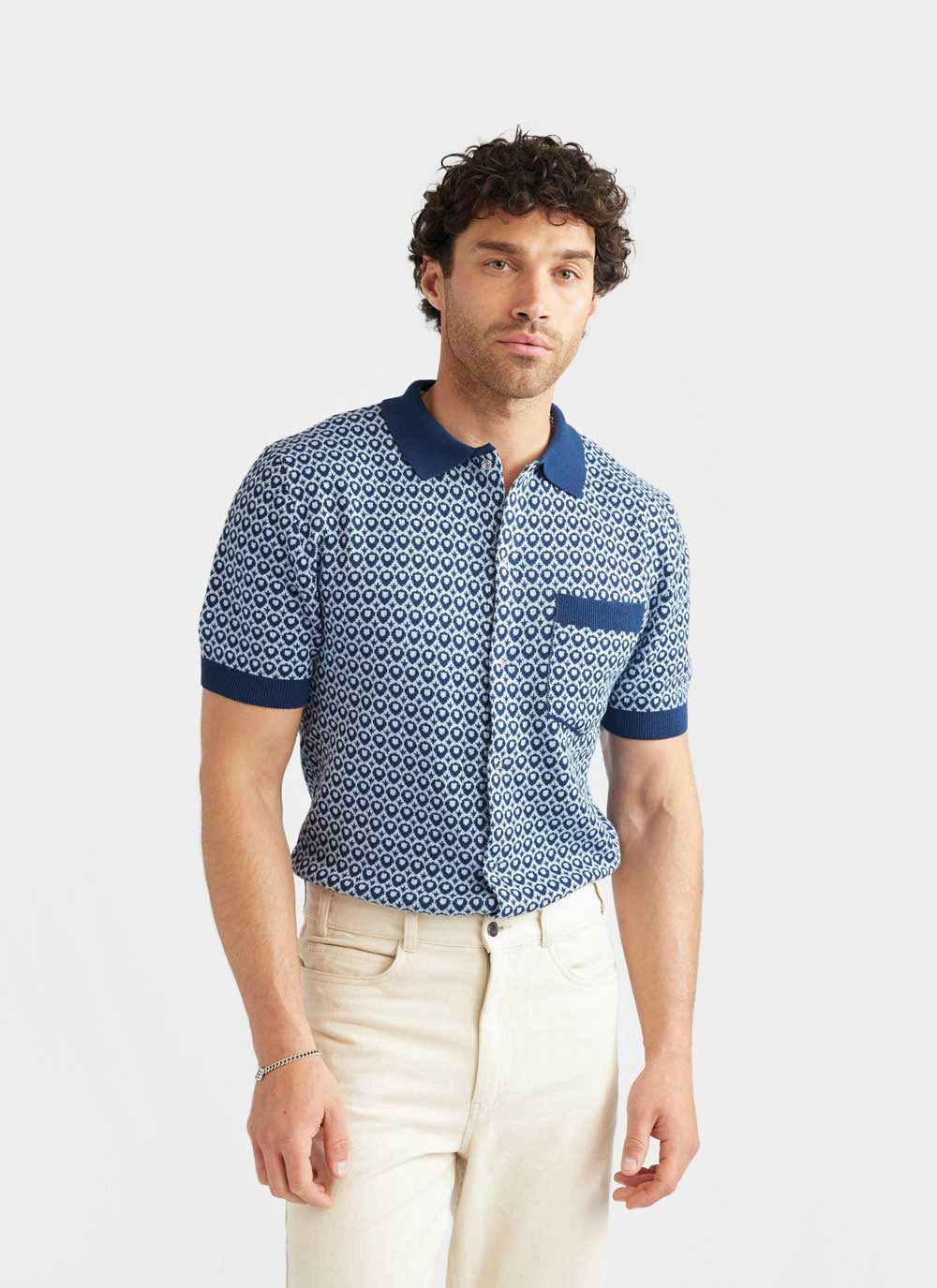 Casa Piccante Shirt | Knitted Cotton | Blue Jacquard - Image 7
