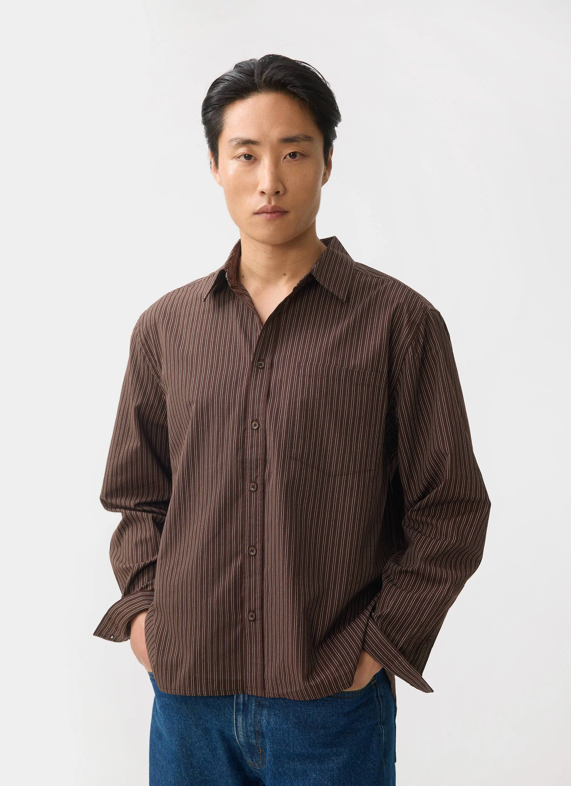 Clancy Striped Long Sleeve Shirt | Cotton | Brown - Image 4