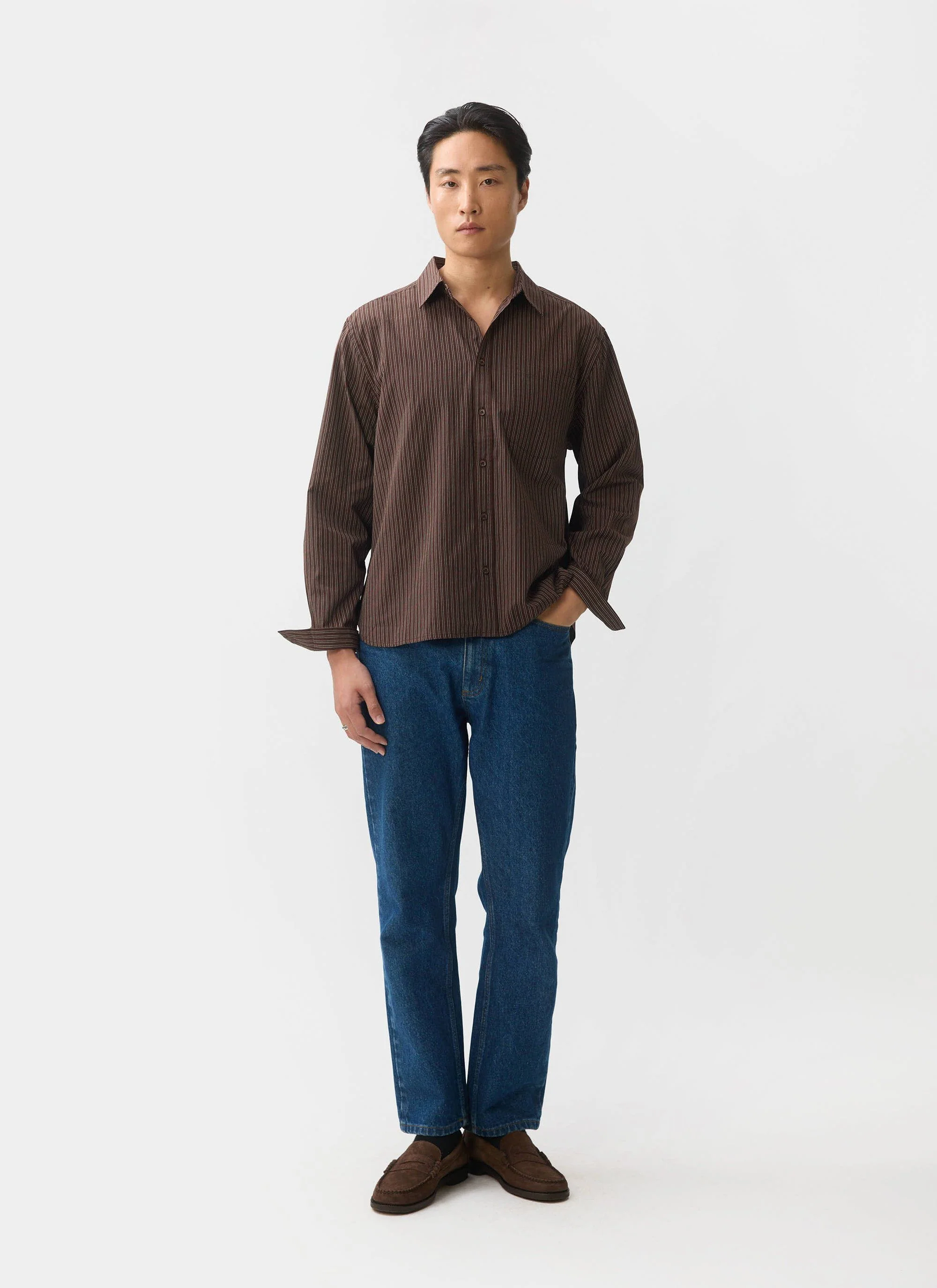 Clancy Striped Long Sleeve Shirt | Cotton | Brown - Image 5