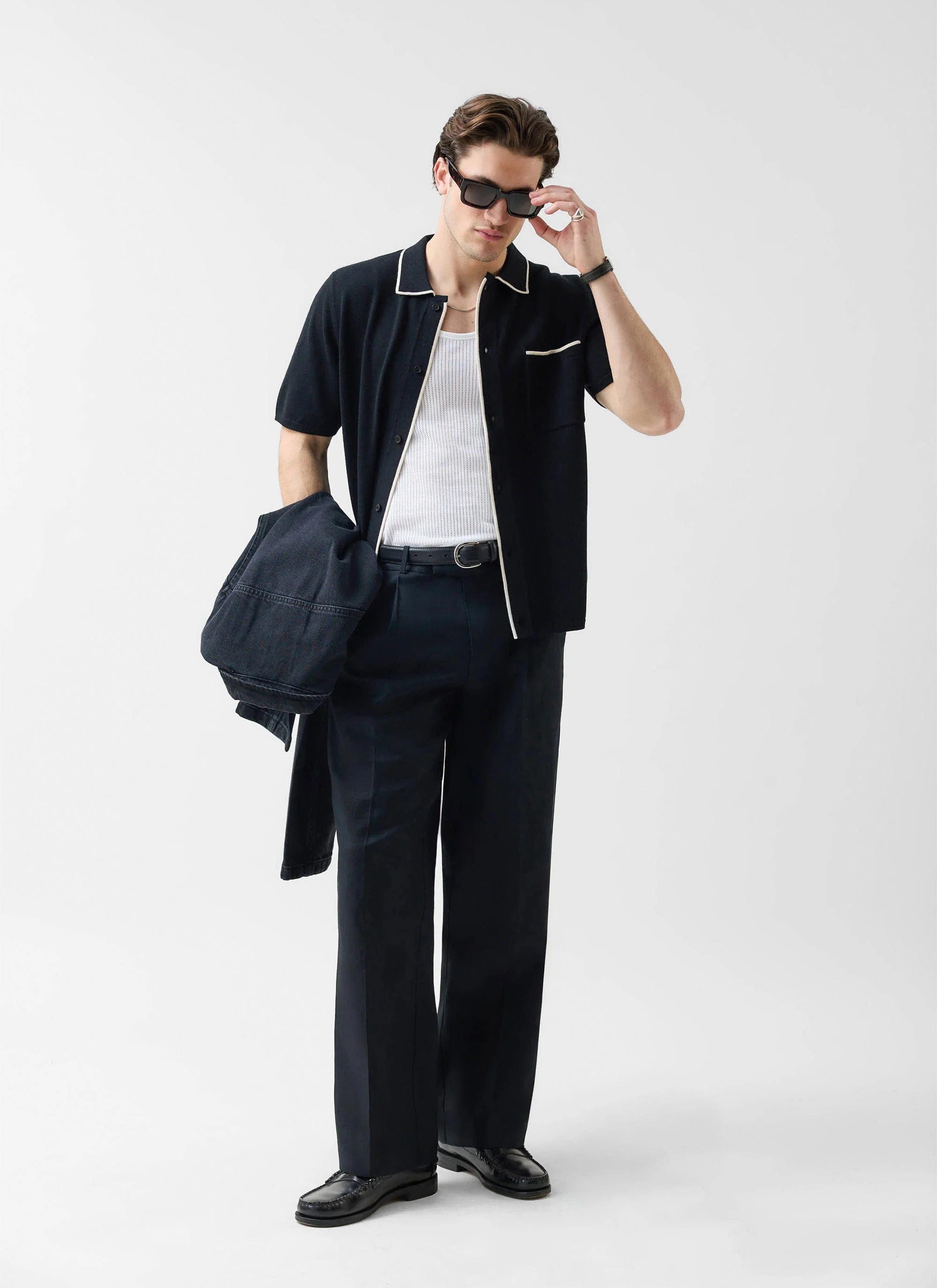 Contrast Trim Regular Knitted Shirt | Wool | Black - Image 4