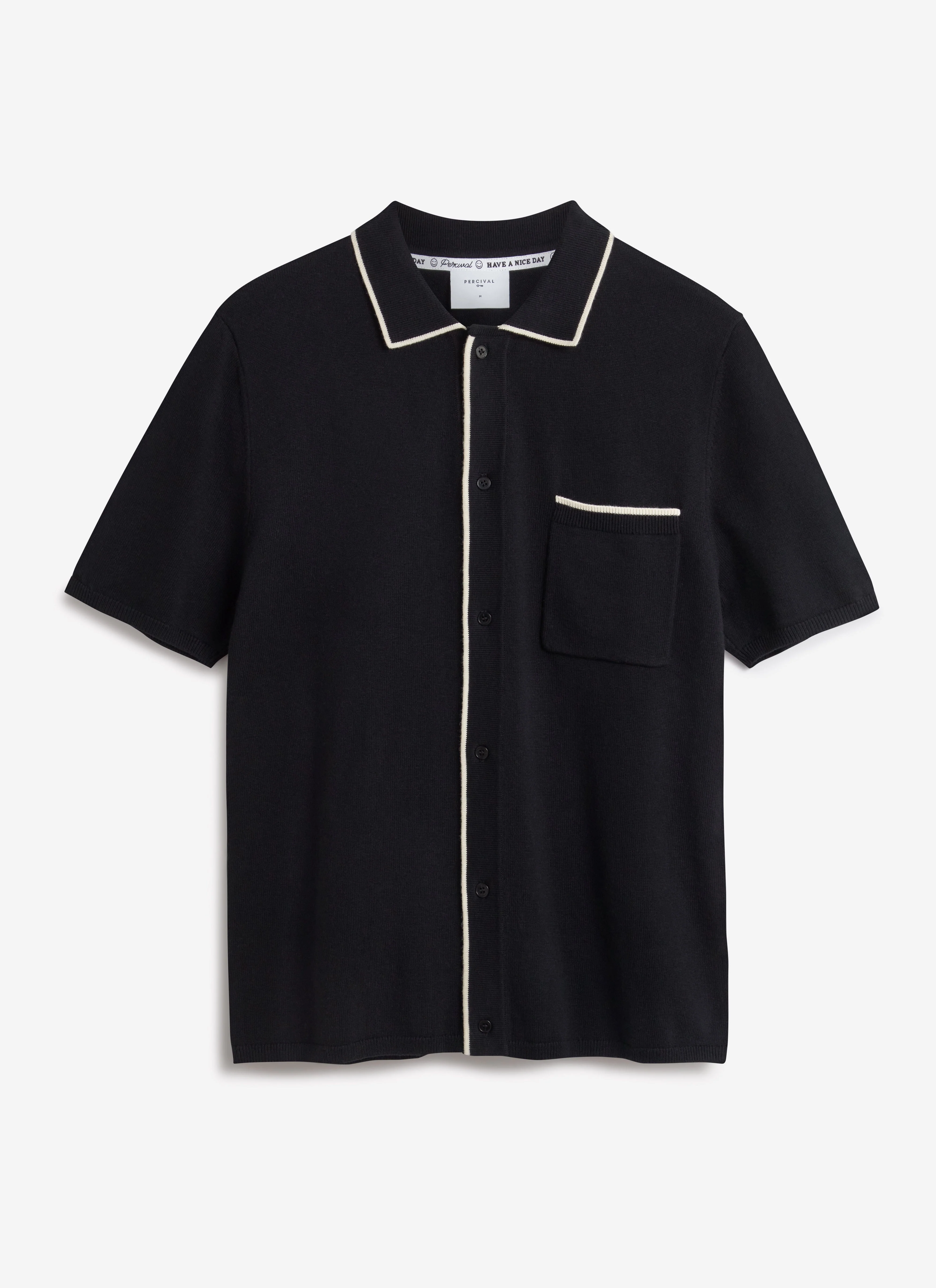 Contrast Trim Regular Knitted Shirt | Wool | Black - Image 6