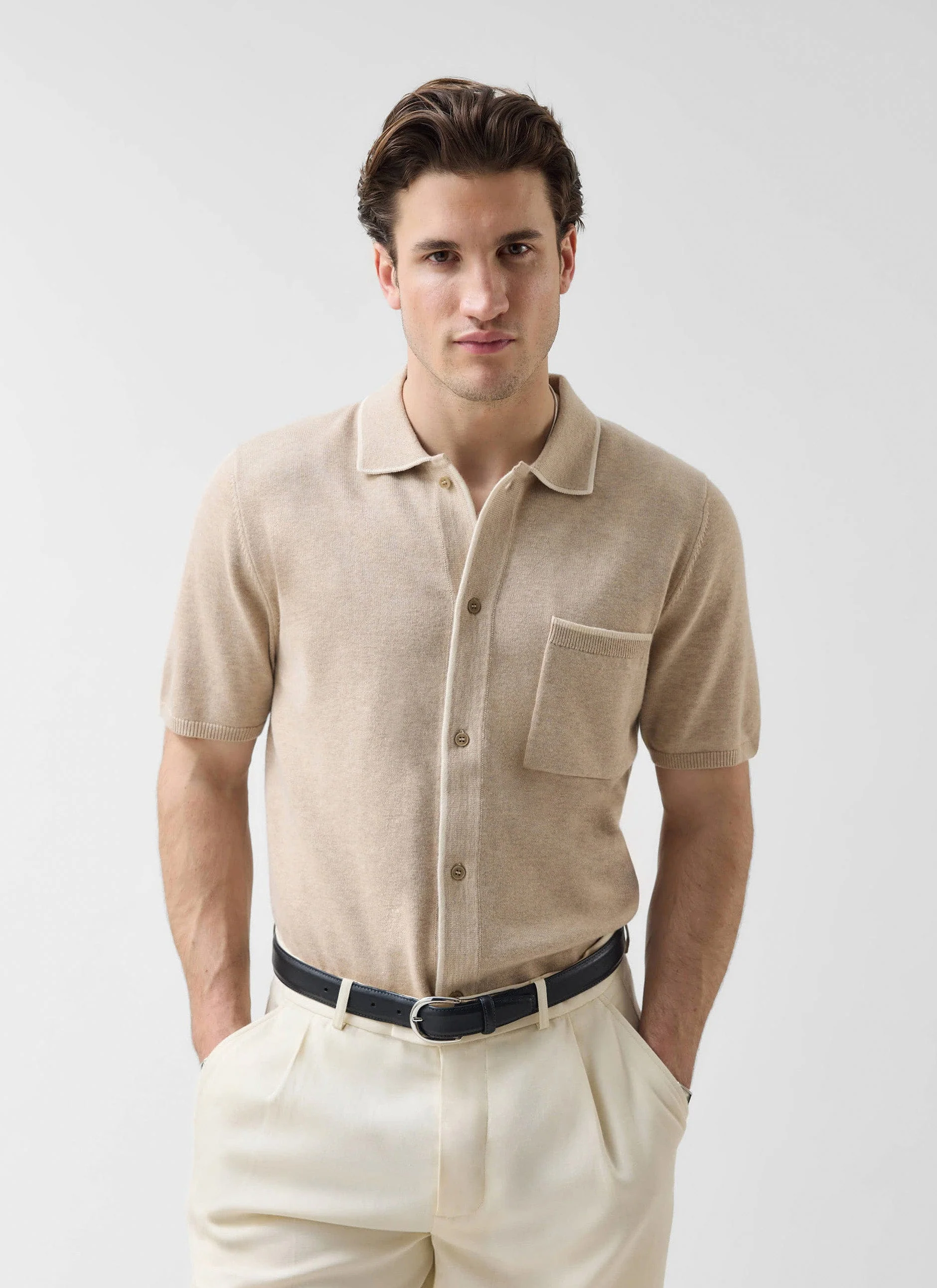 Contrast Trim Regular Knitted Shirt | Wool | Beige - Image 2