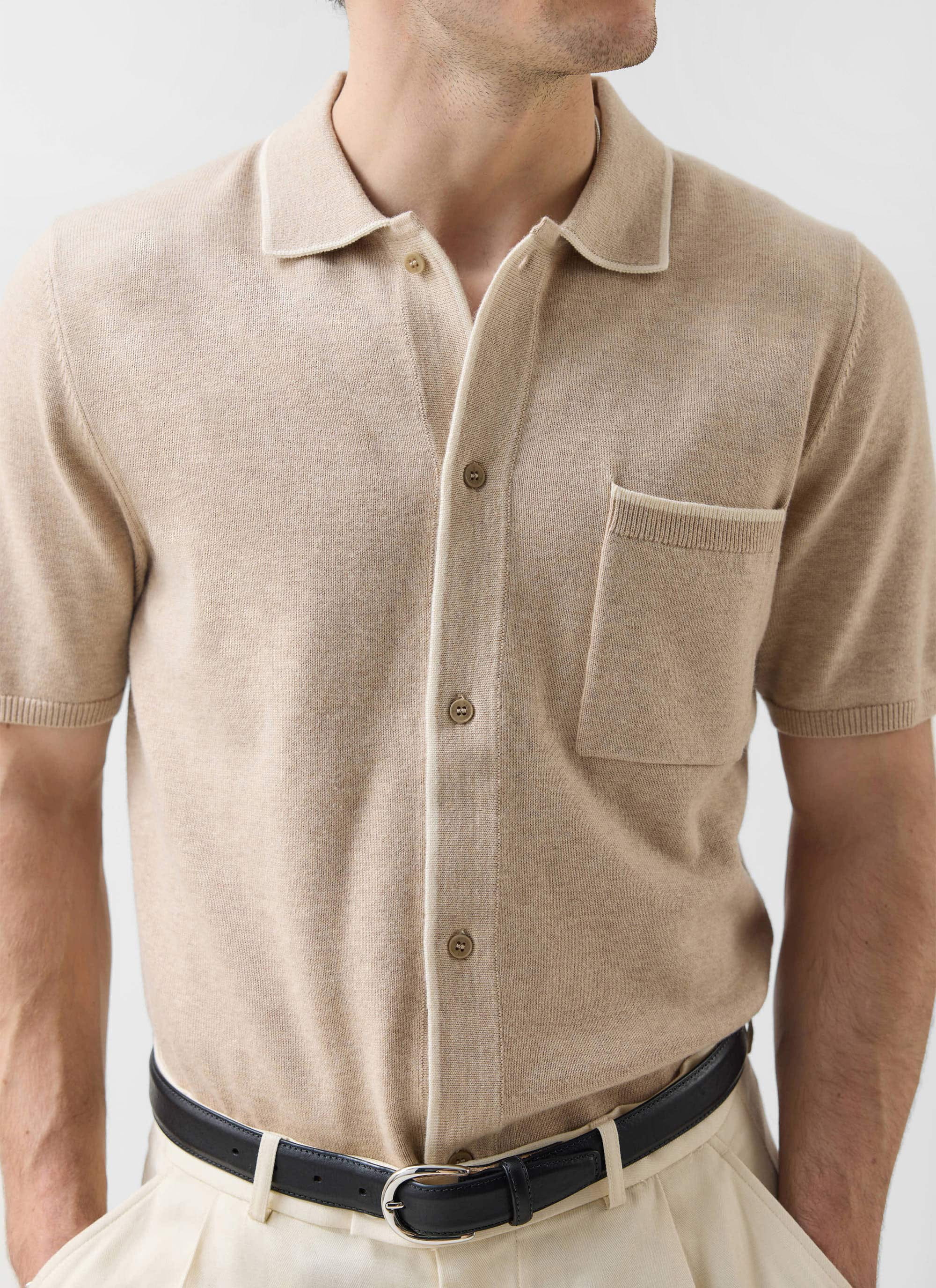 Contrast Trim Regular Knitted Shirt | Wool | Beige - Image 3
