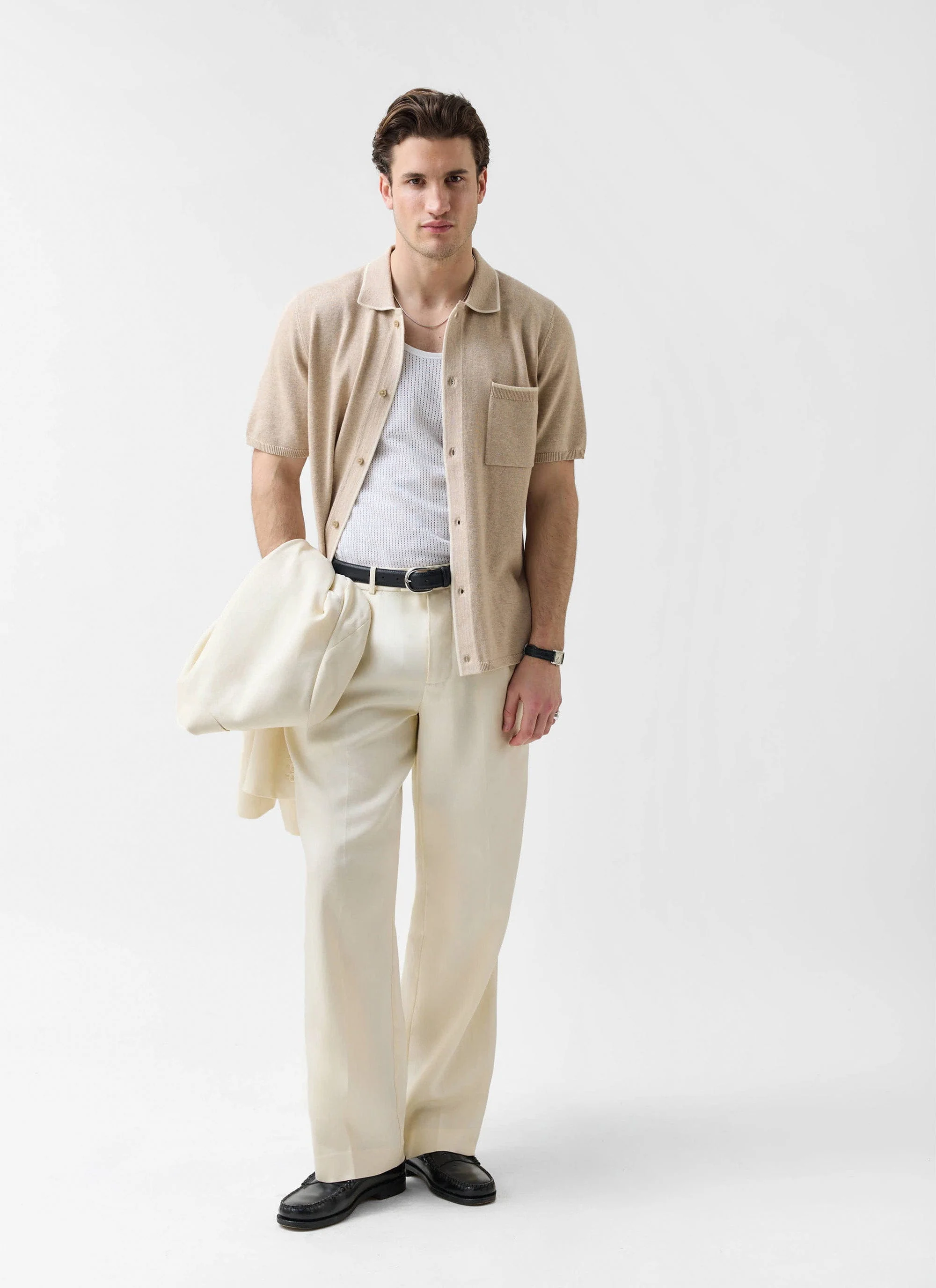 Contrast Trim Regular Knitted Shirt | Wool | Beige - Image 5