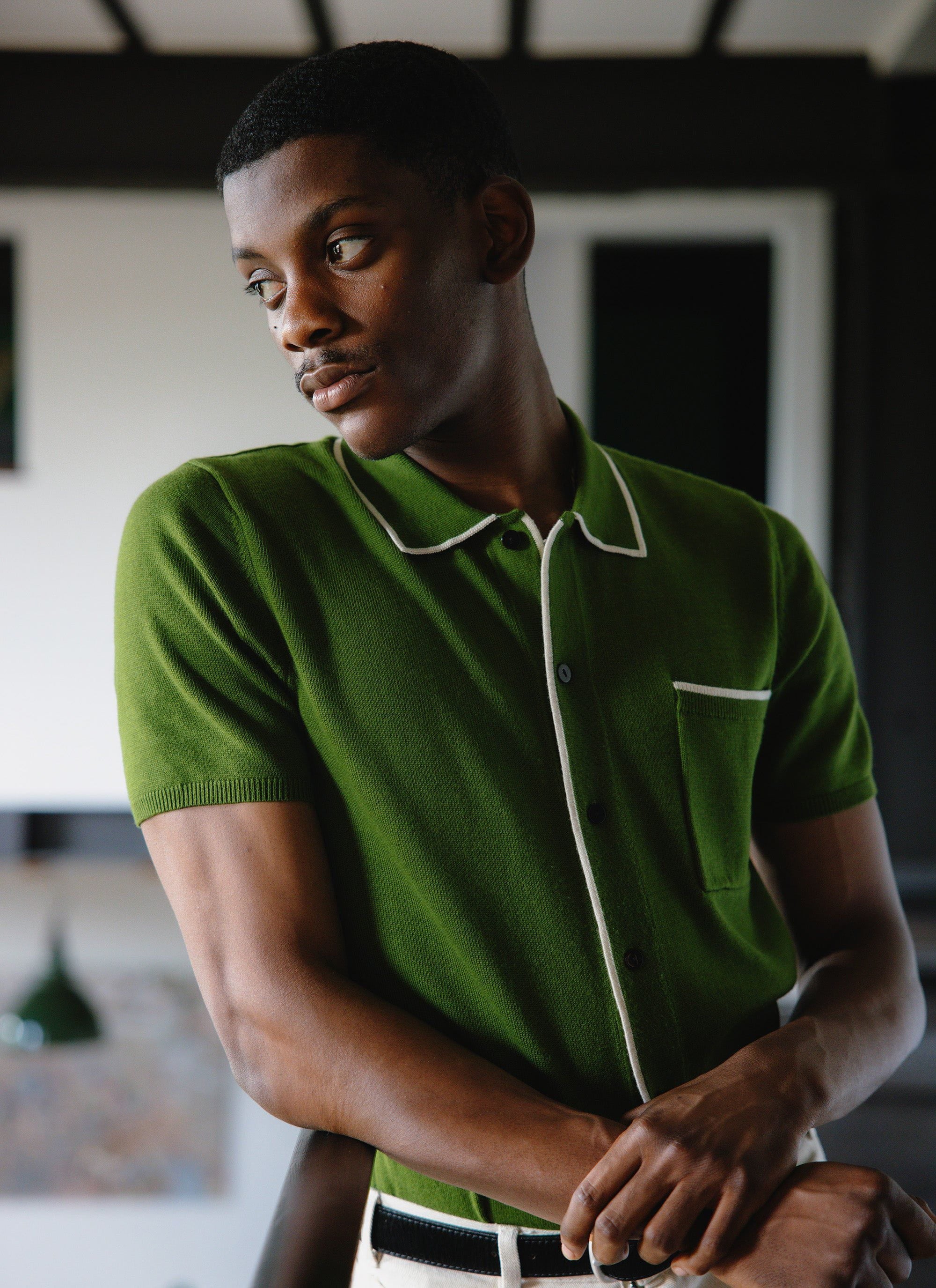 Contrast Trim Shirt | Wool | Forest with Cream - Image 4