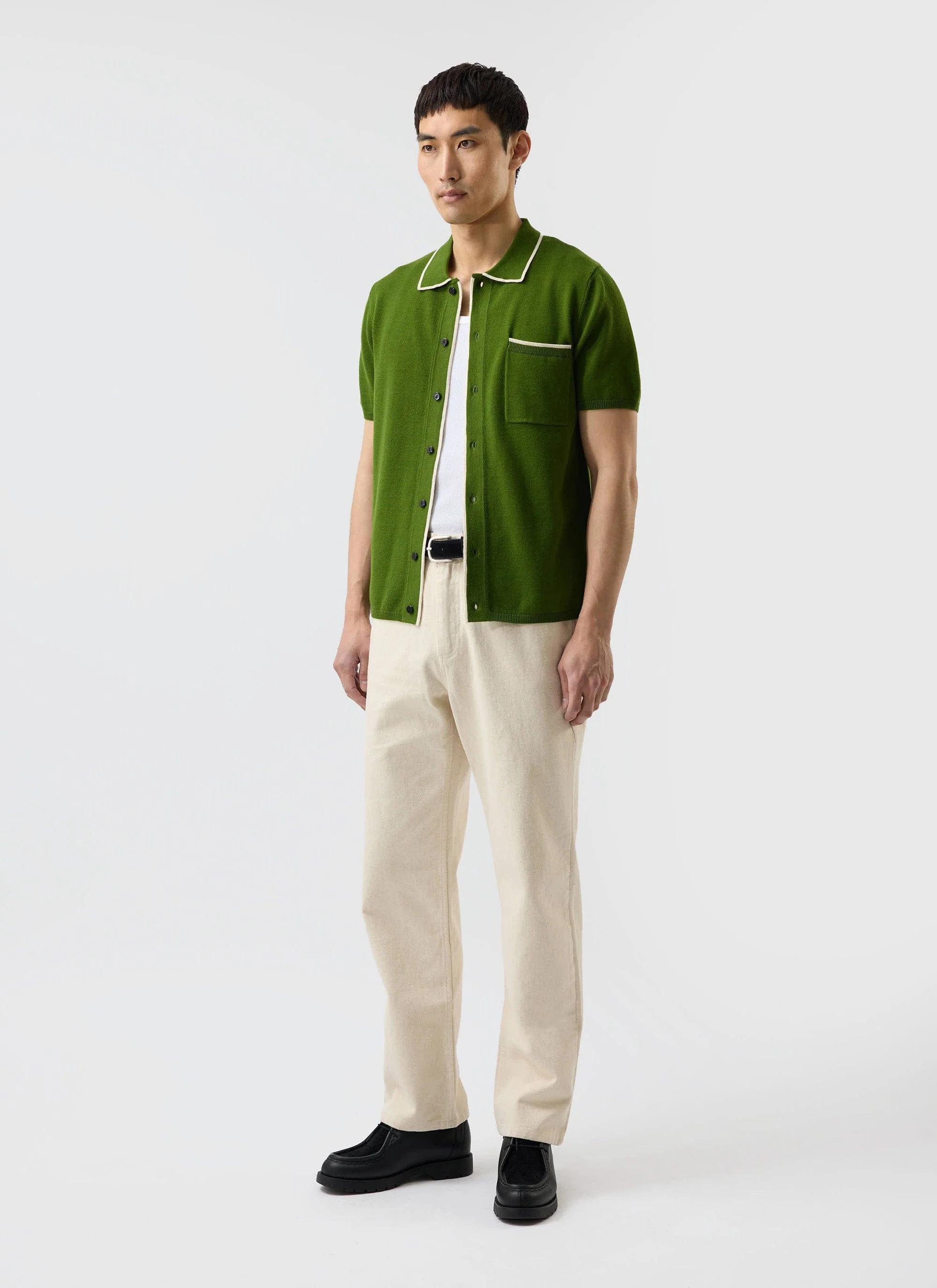 Contrast Trim Shirt | Wool | Forest with Cream - Image 6