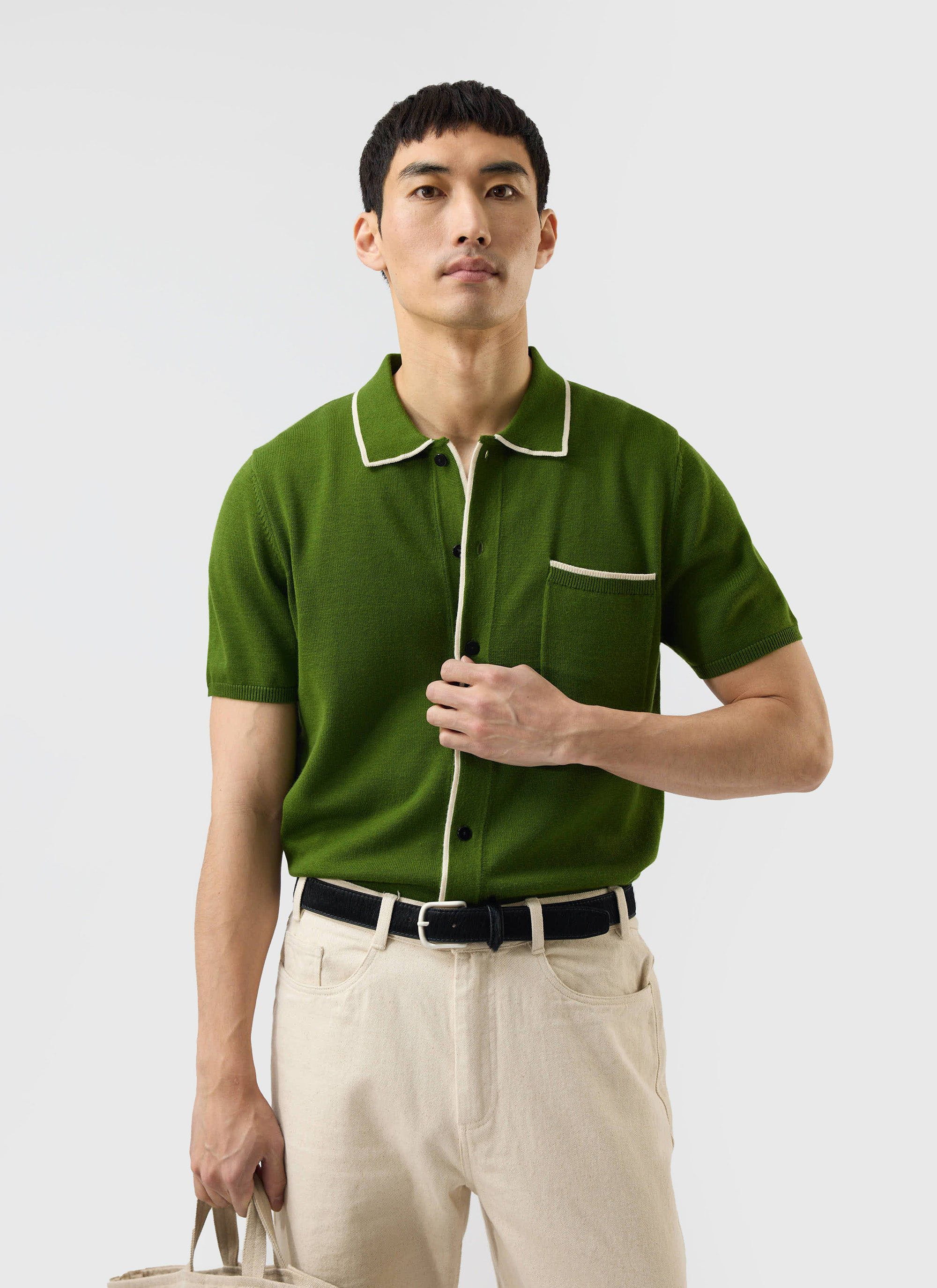 Contrast Trim Shirt | Wool | Forest with Cream - Image 9