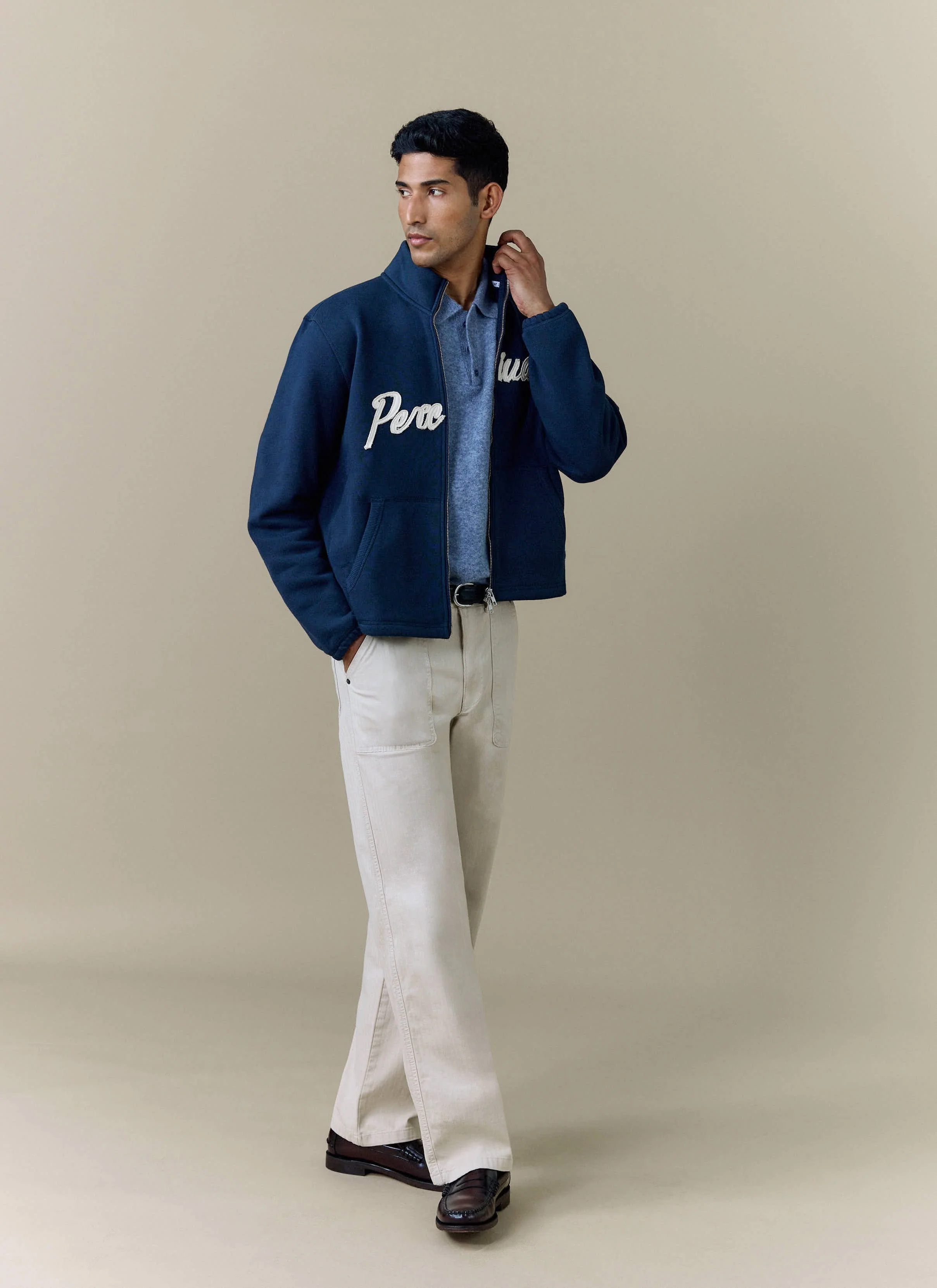 Curtis Boxy Zip Funnel Neck Sweatshirt | Cotton | Navy - Image 3