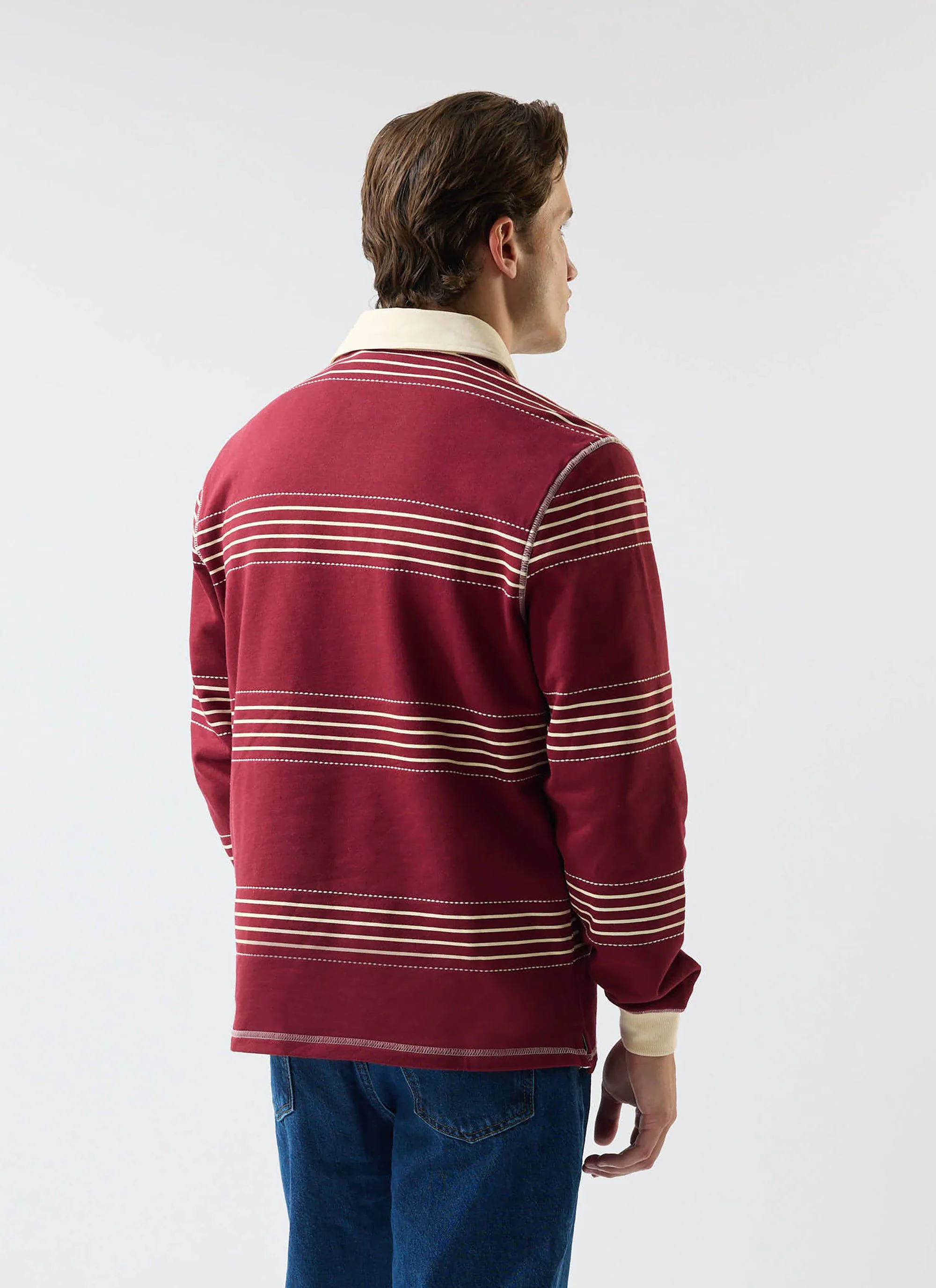 Editor Striped Rugby Polo Shirt | Cotton | Burgundy - Image 3