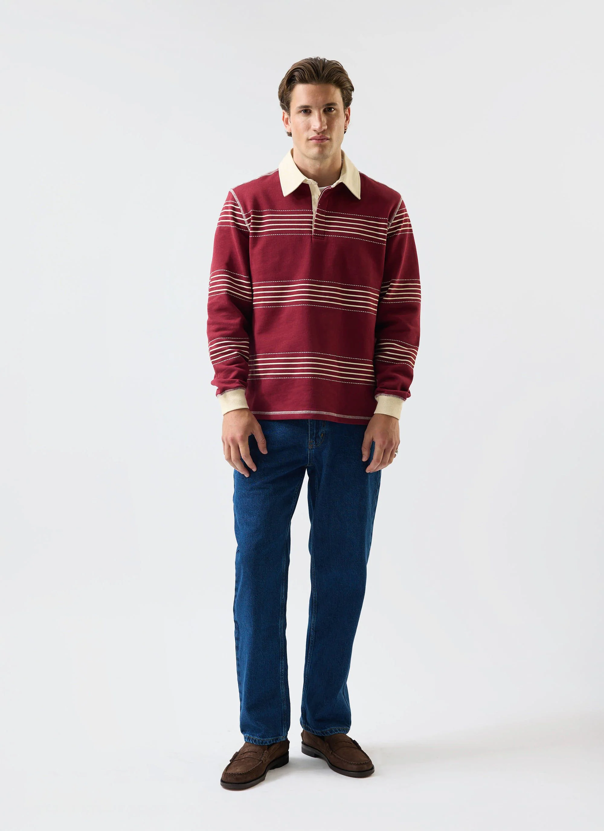 Editor Striped Rugby Polo Shirt | Cotton | Burgundy - Image 4