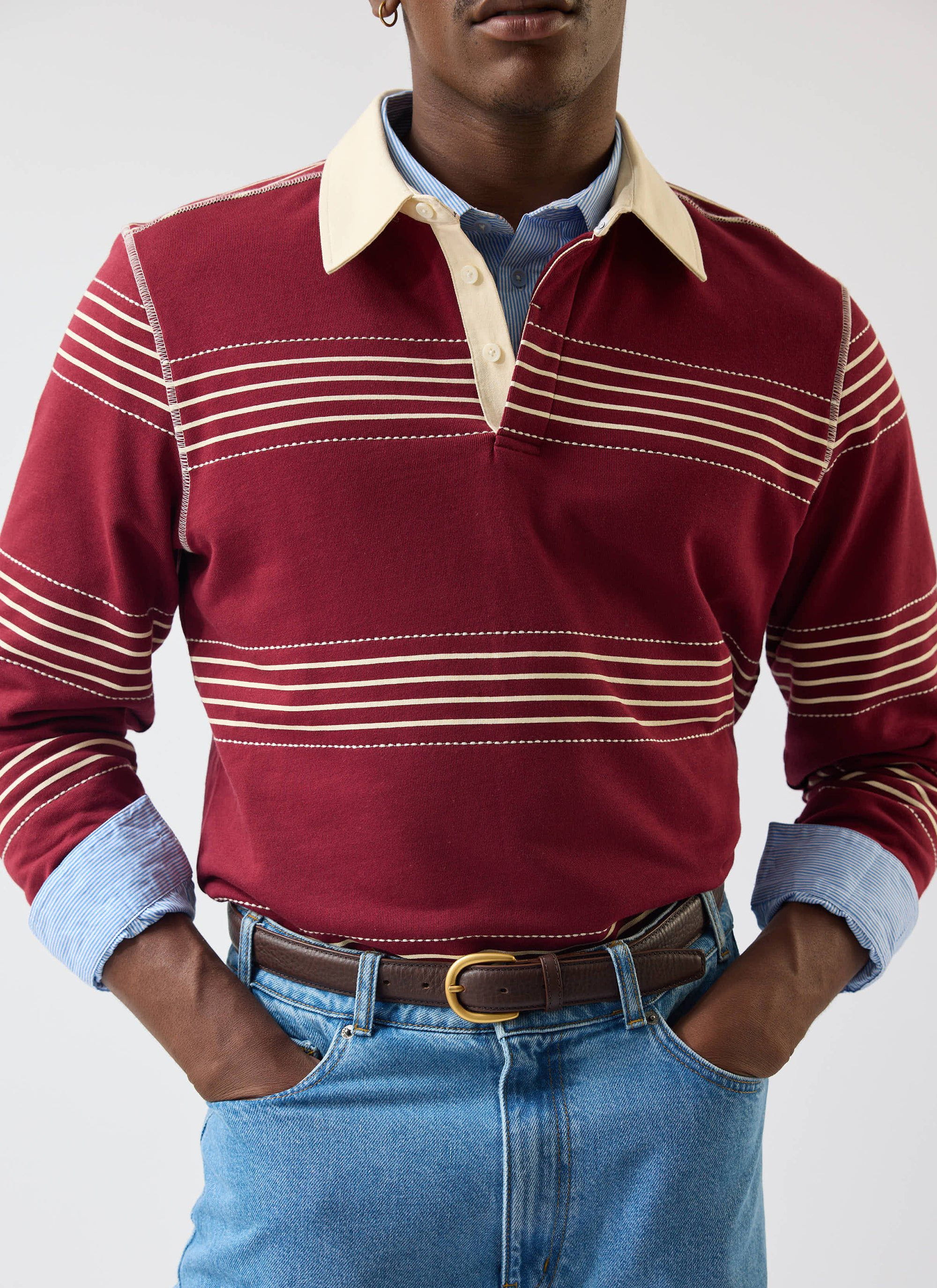Editor Striped Rugby Polo Shirt | Cotton | Burgundy - Image 8
