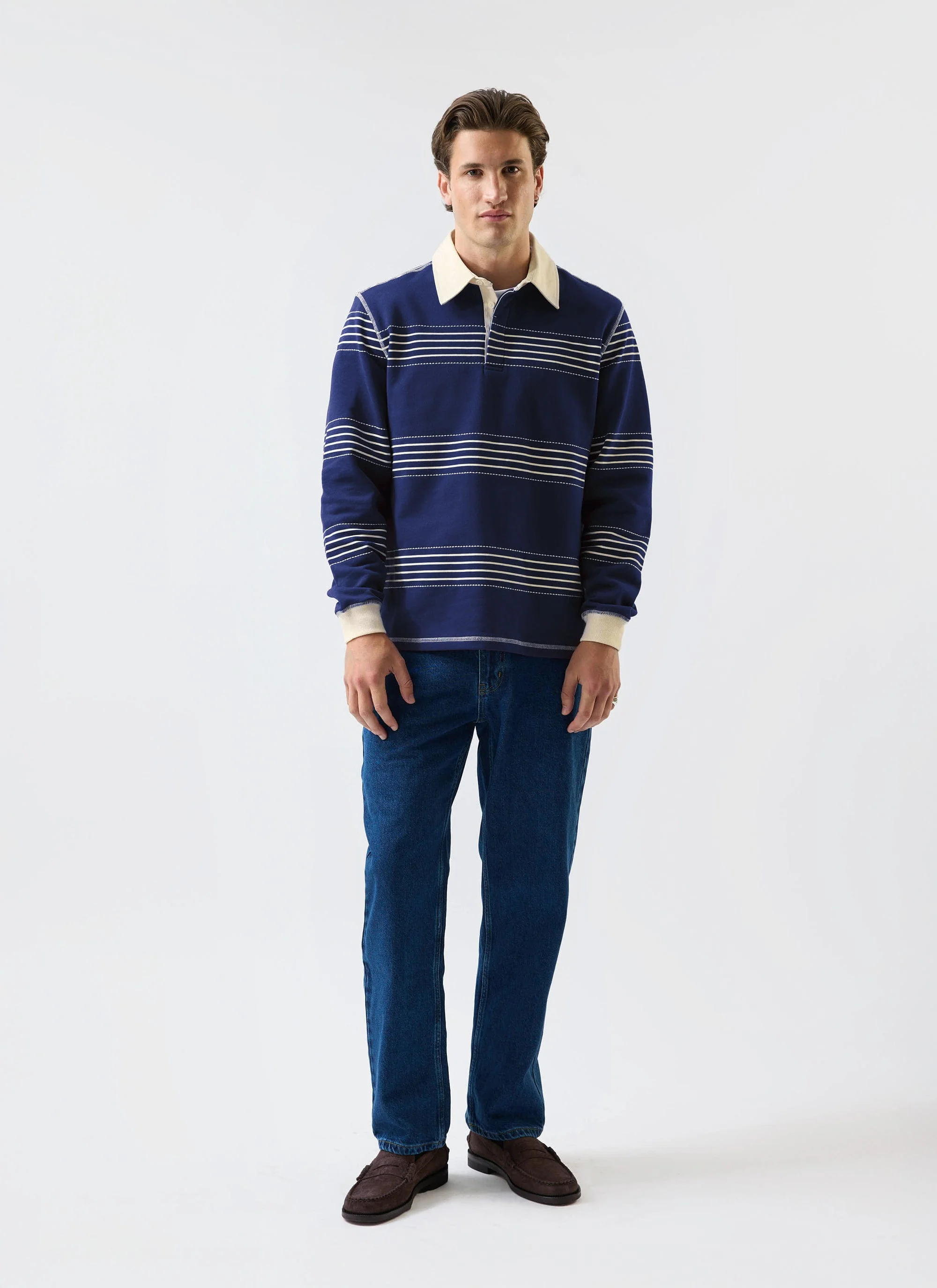 Editor Striped Rugby Polo Shirt | Cotton | Navy - Image 4