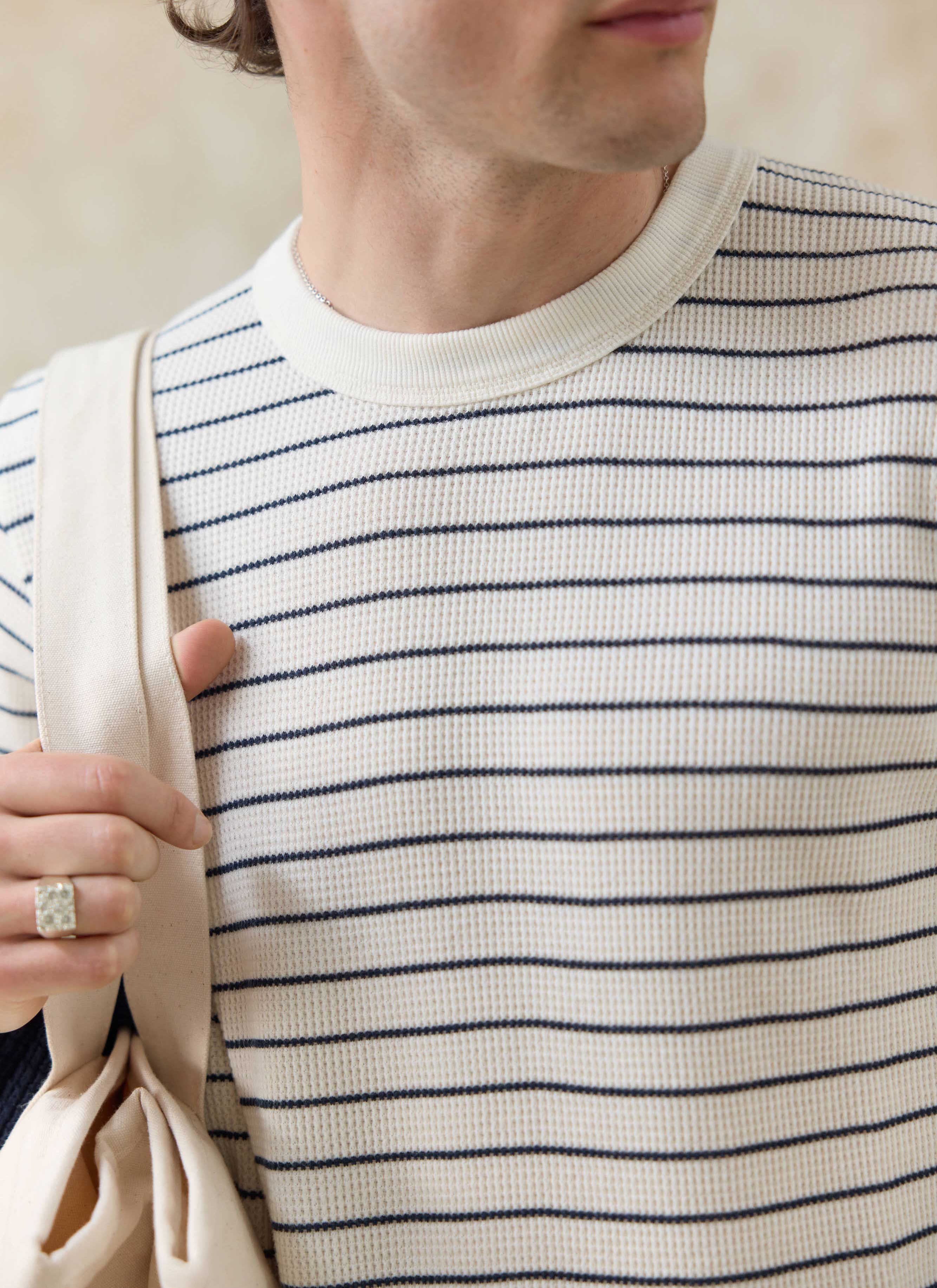 Ernie Waffle Long Sleeve T Shirt | Organic Cotton | Cream Stripe - Image 4