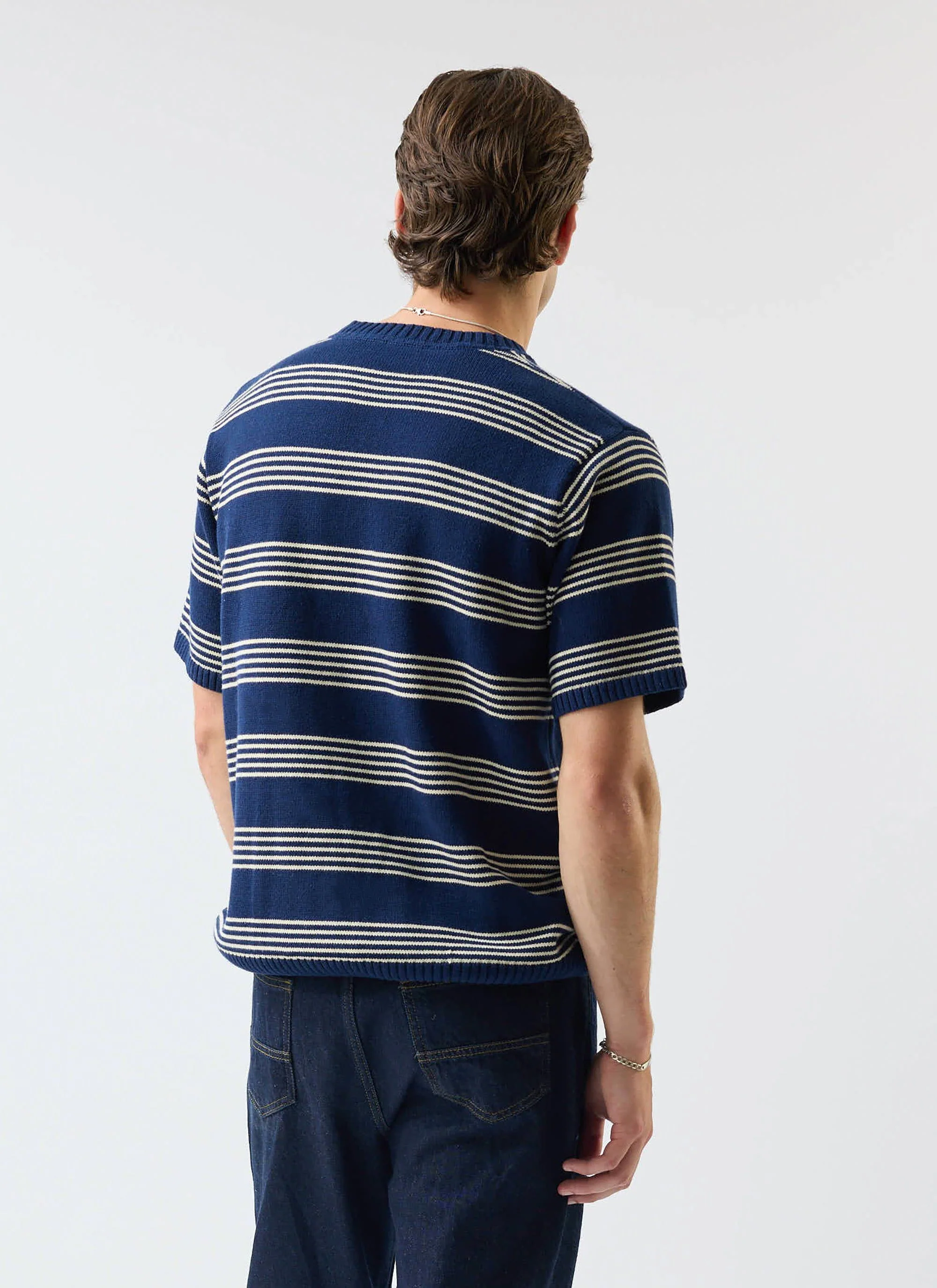 Fiction Striped Knitted T Shirt | Cotton | Navy - Image 4