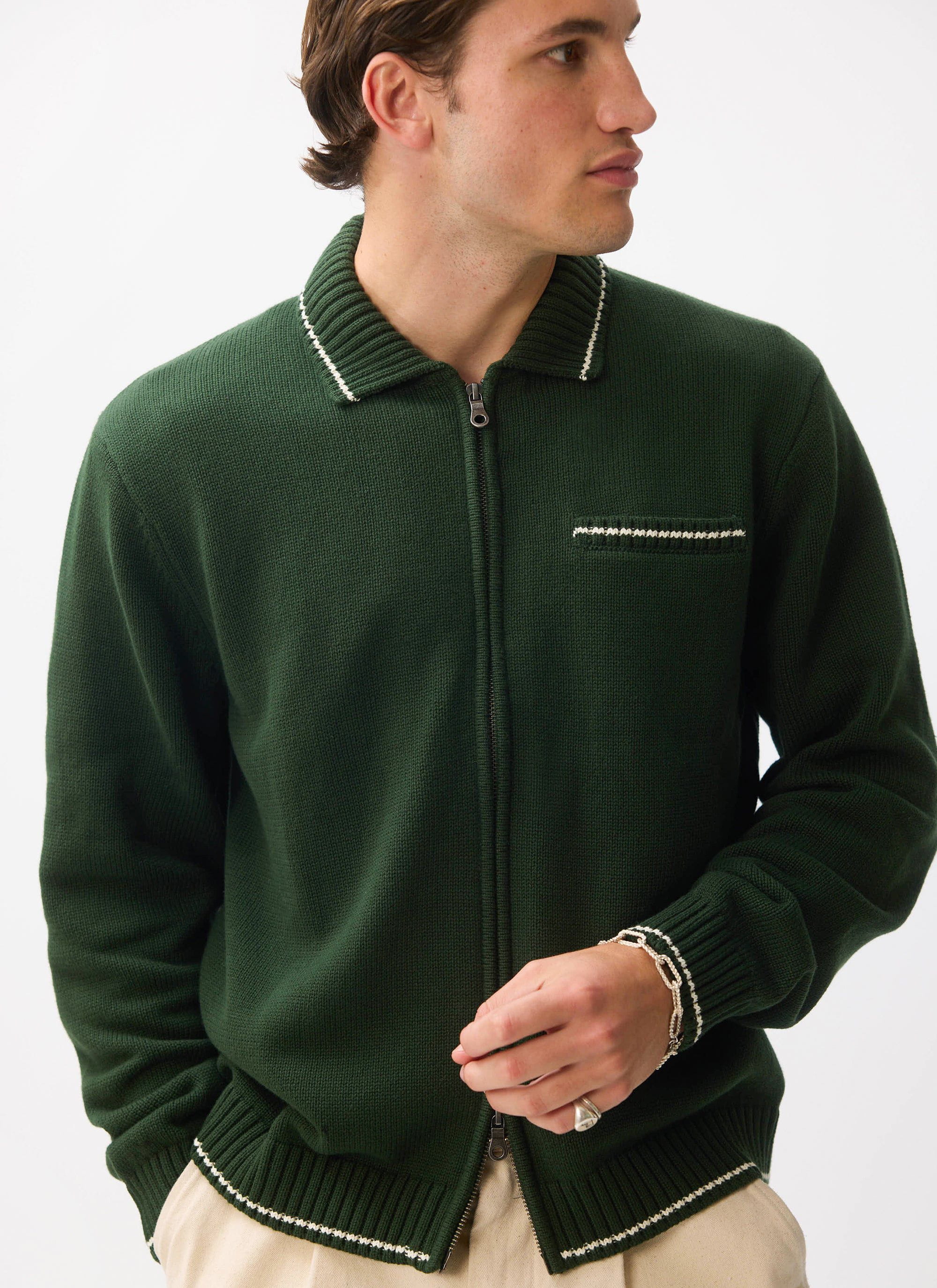 Gardner Dense Knitted Zip Cardigan | Cotton | Forest - Image 4