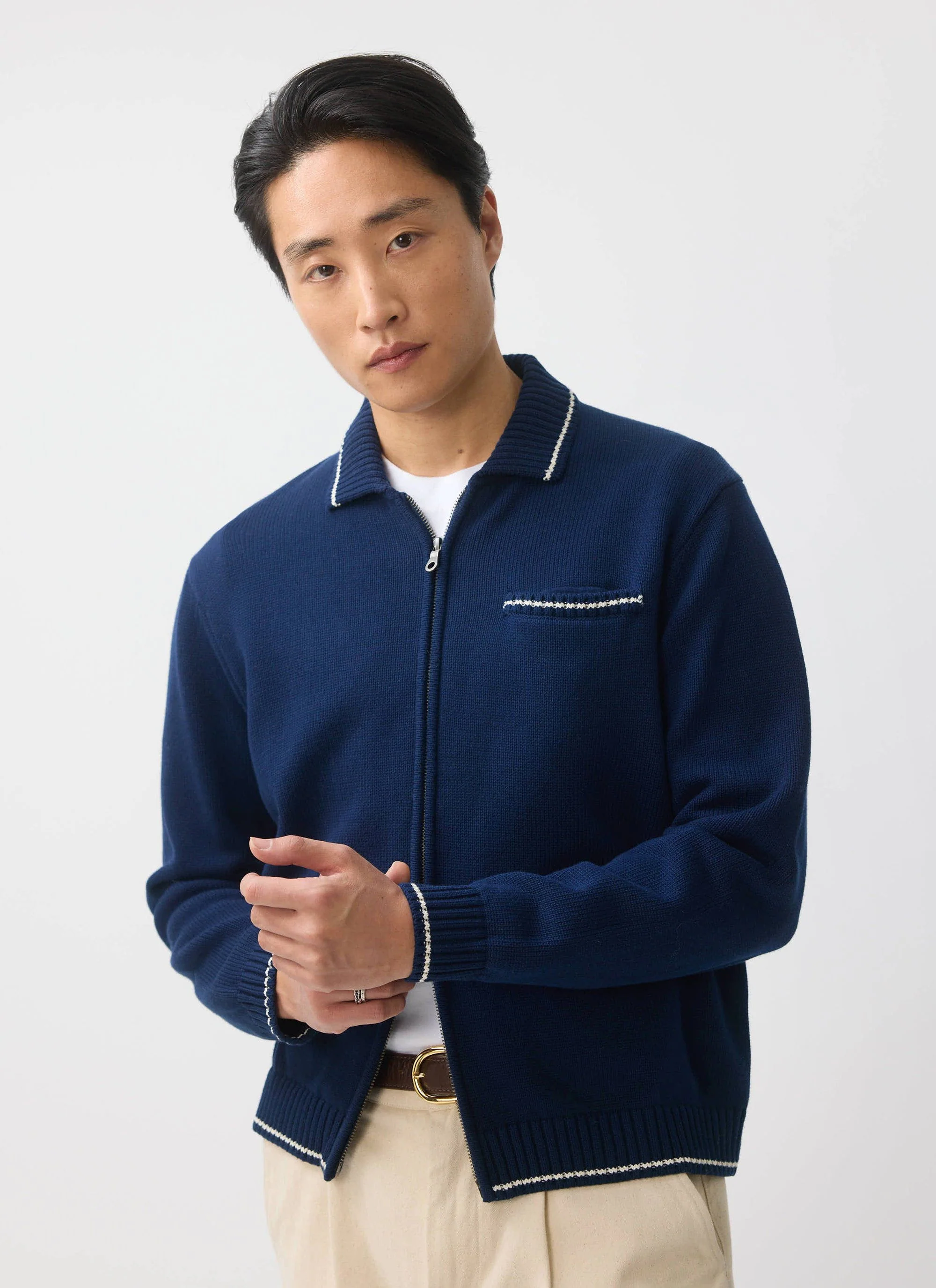 Gardner Dense Knitted Zip Cardigan | Cotton | Navy