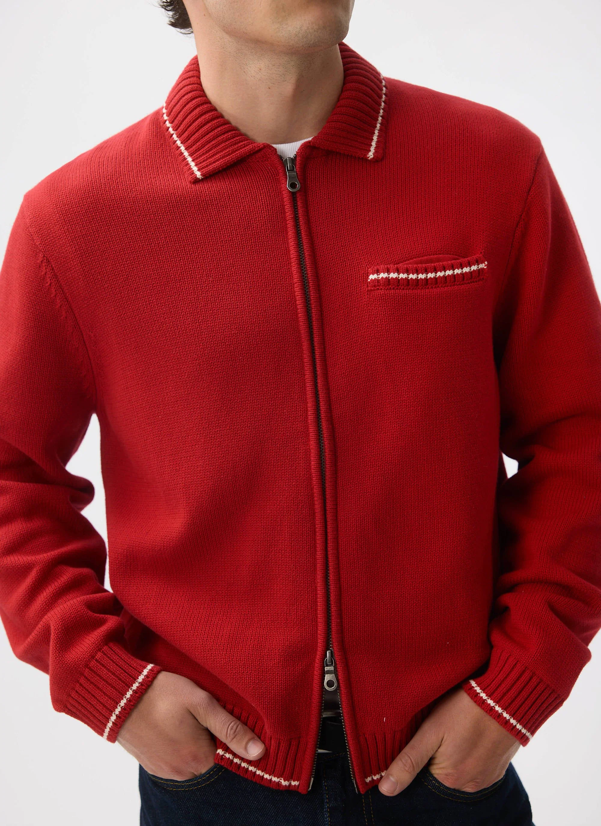 Gardner Dense Knitted Zip Cardigan | Cotton | Red - Image 4