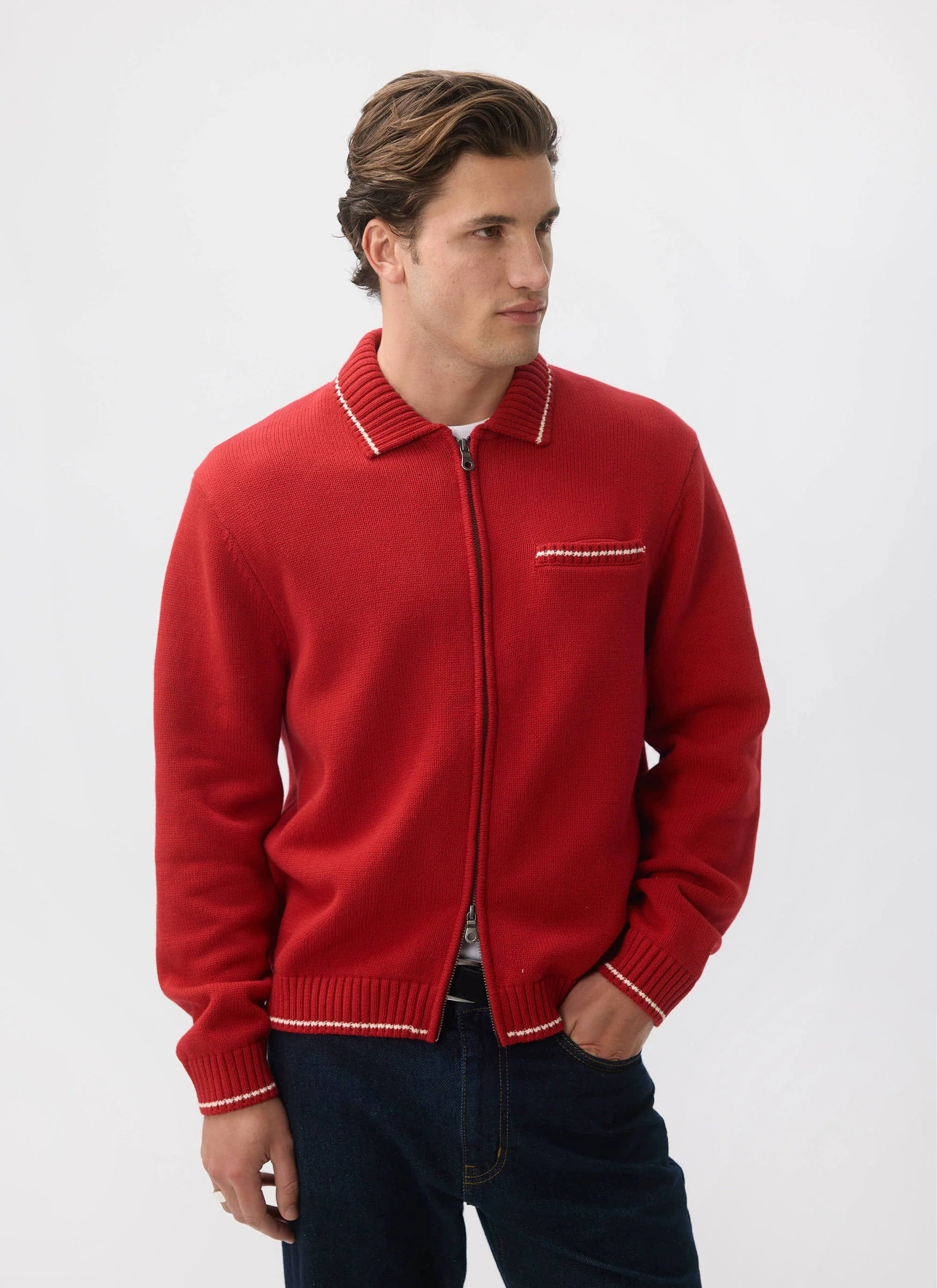 Gardner Dense Knitted Zip Cardigan | Cotton | Red - Image 9