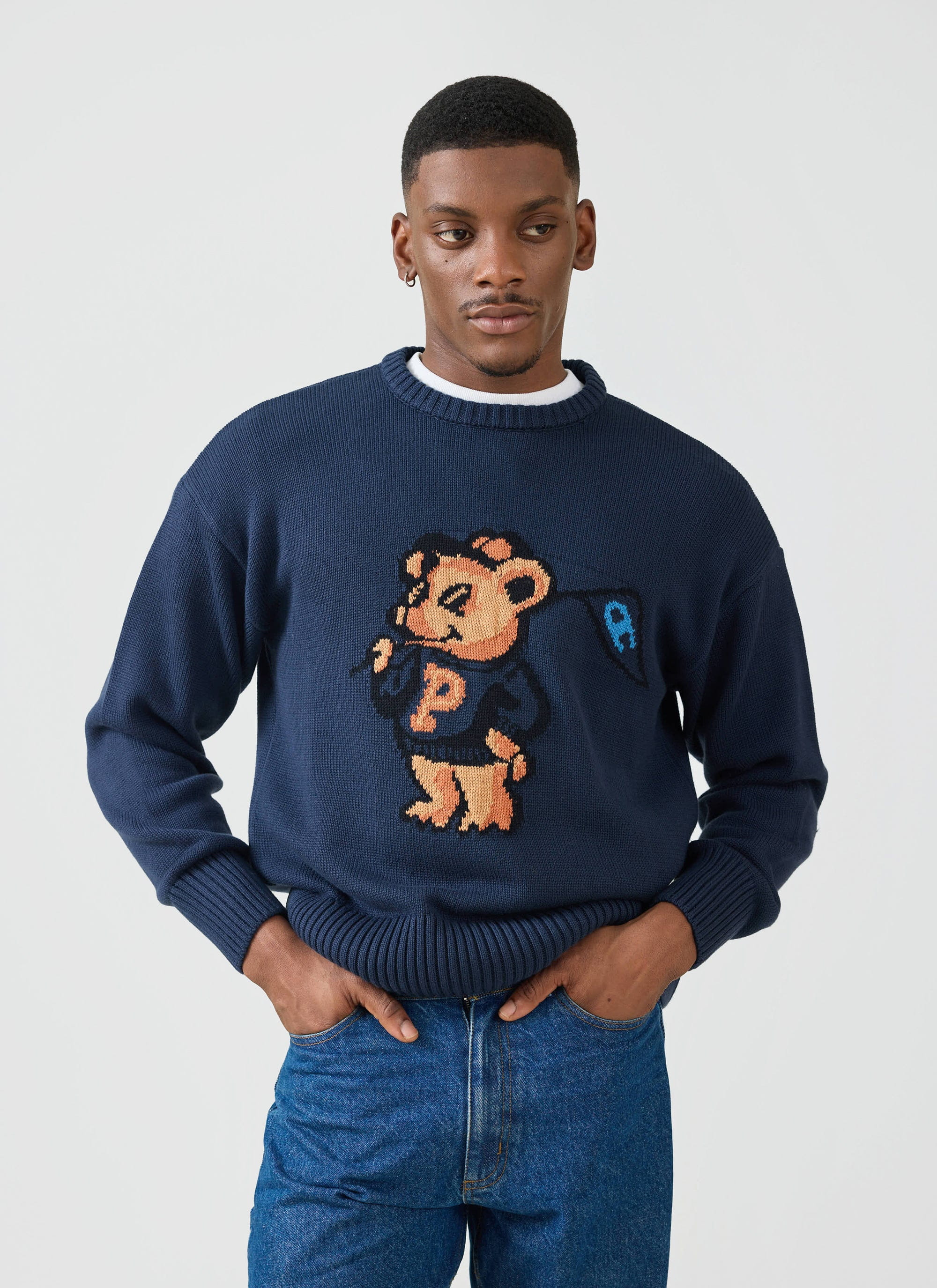 Jacquard Bear Crew Neck | Champion x Percival | Navy - Image 4