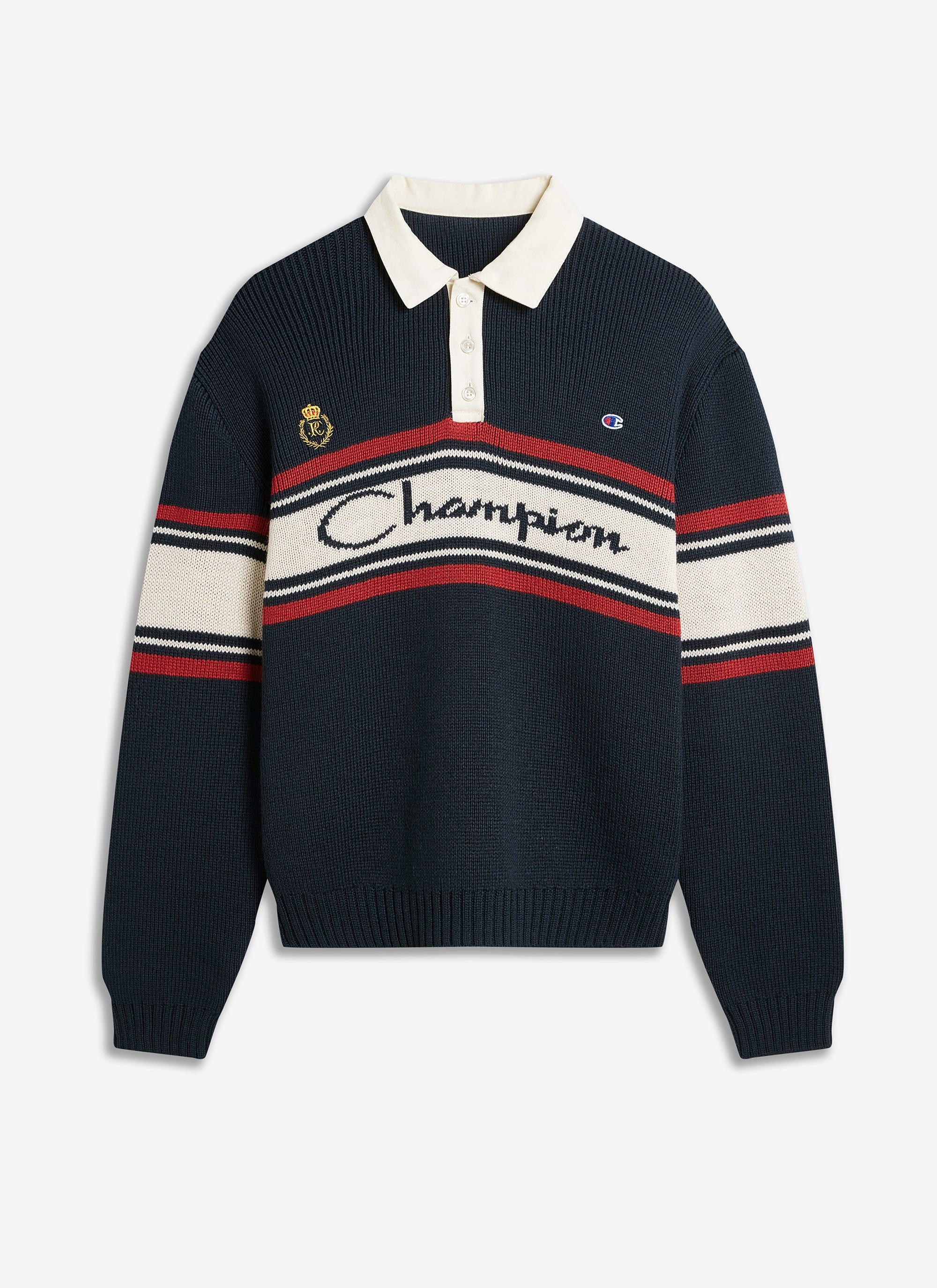 Jacquard Knitted Rugby Polo Shirt | Champion x Percival | Navy