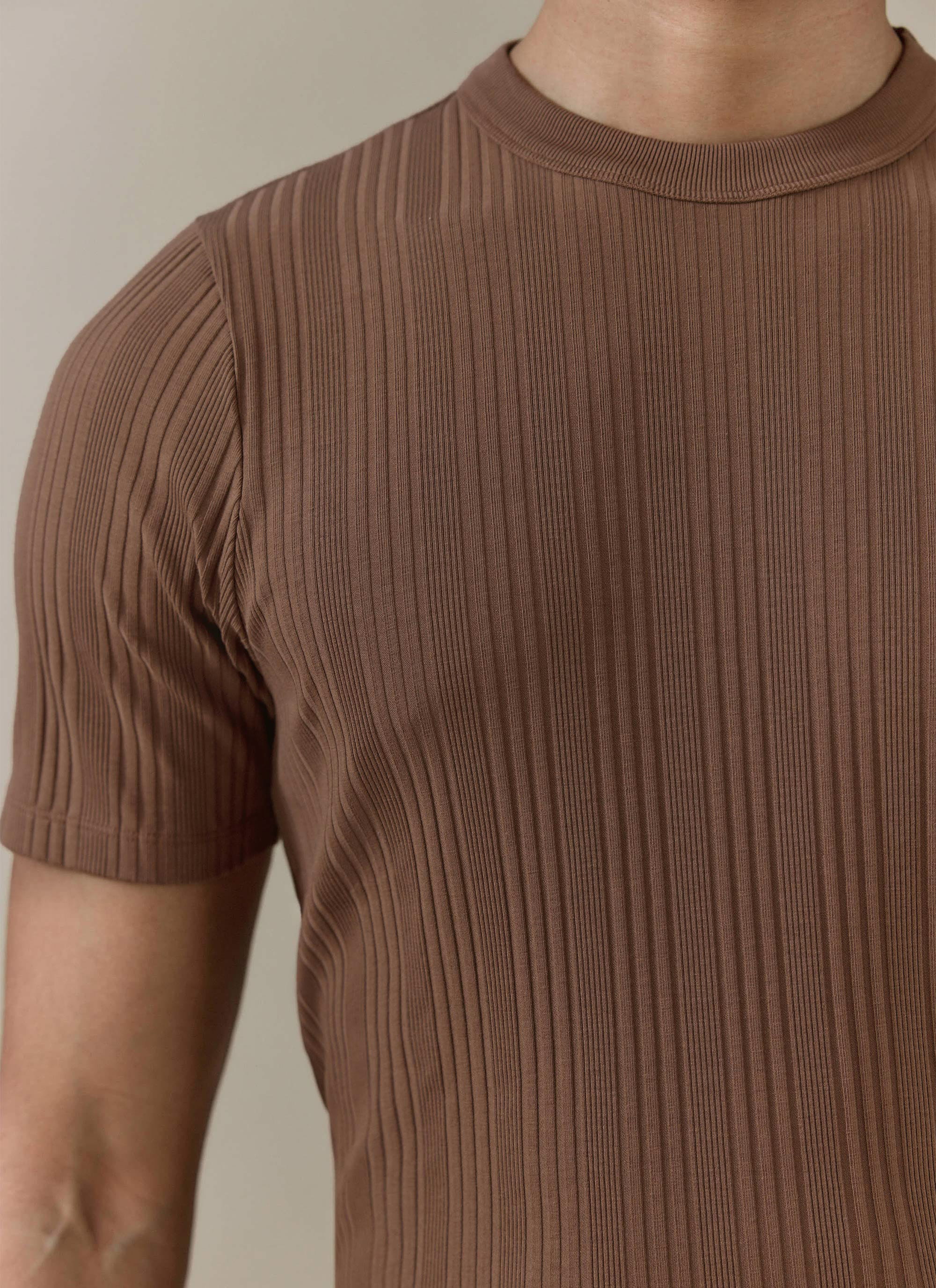 Leon Slim Ribbed T Shirt | Cotton | Brown - Image 3