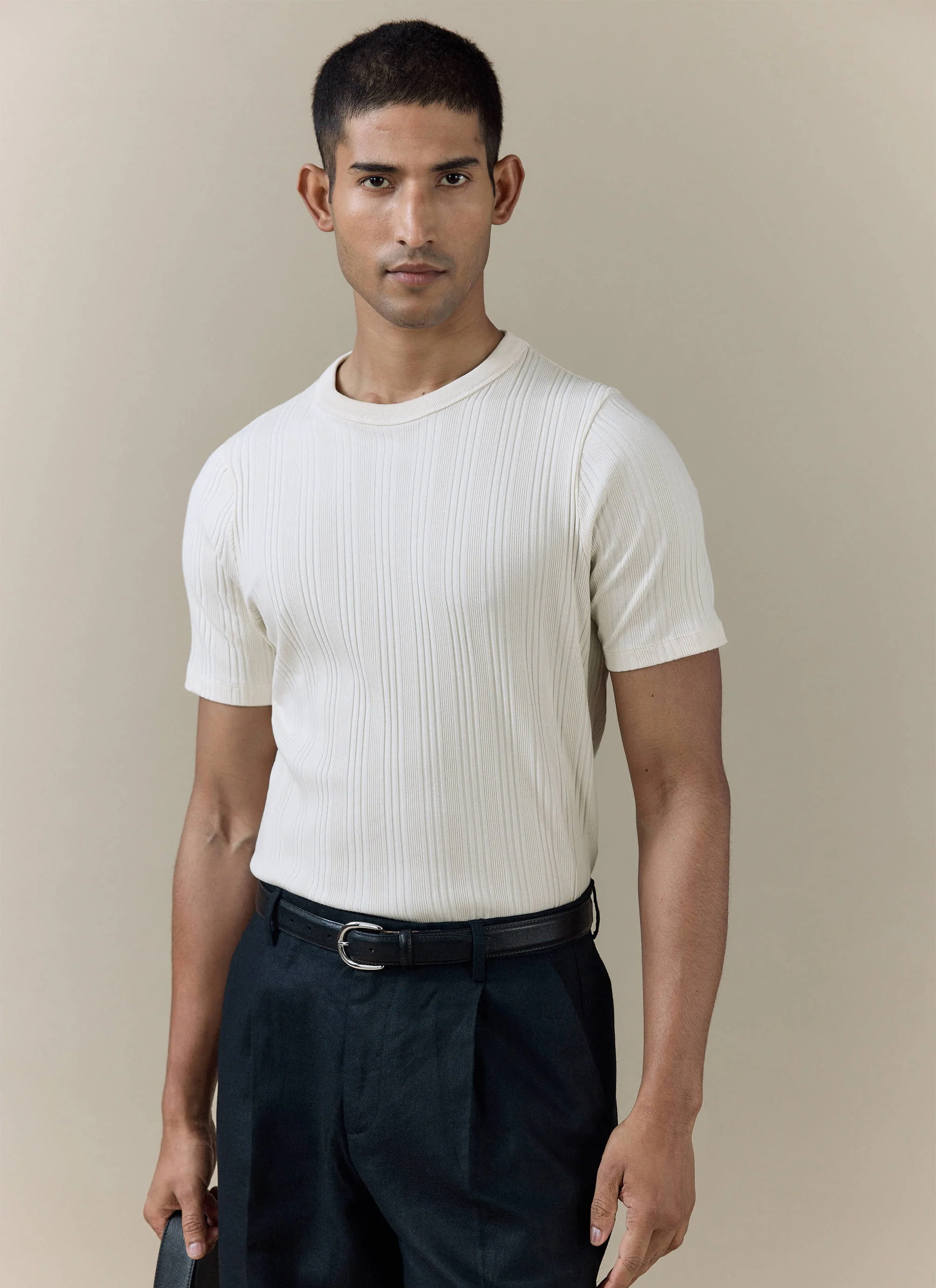 Leon Slim Ribbed T Shirt | Cotton | Cream - Image 4