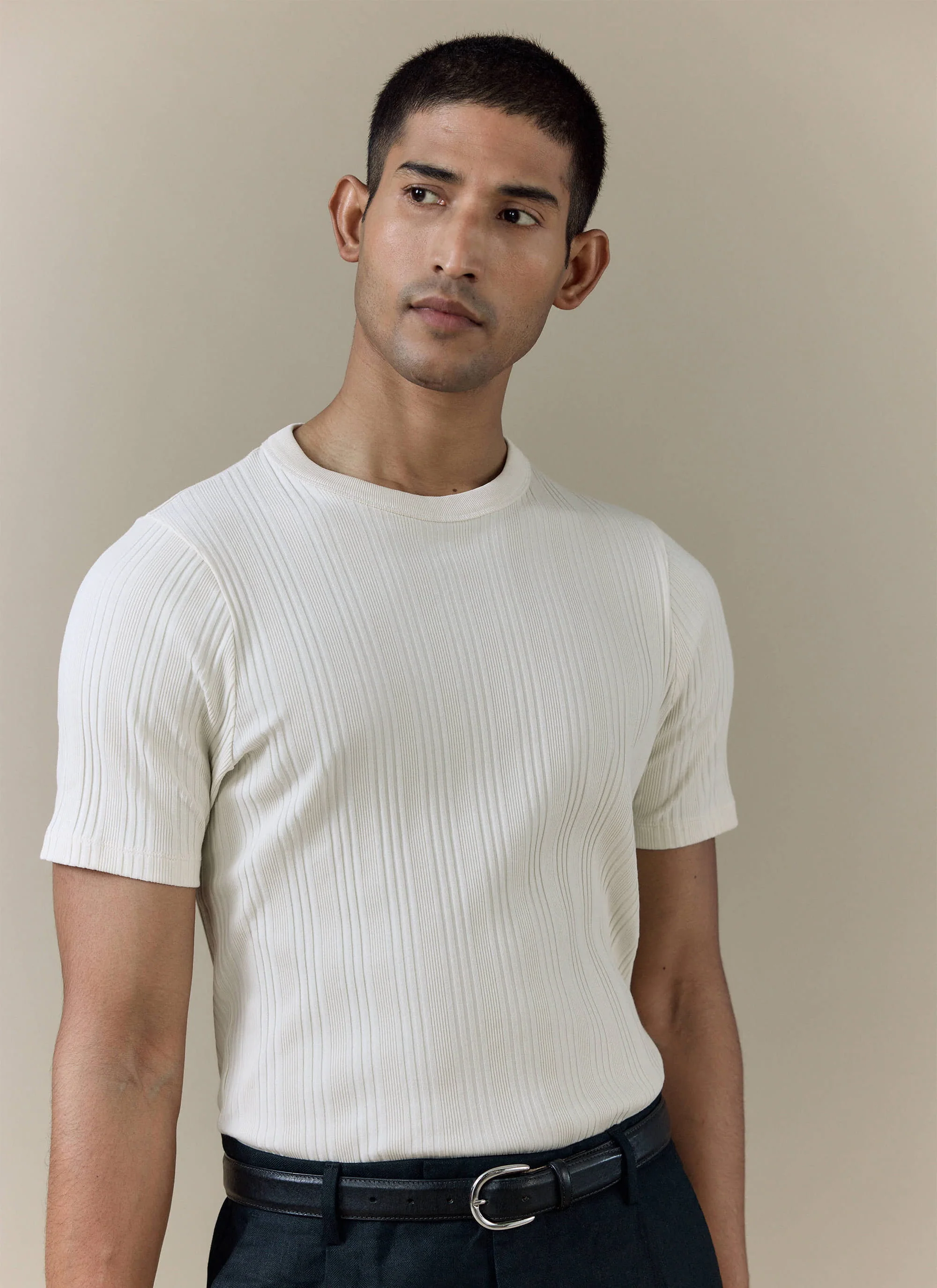 Leon Slim Ribbed T Shirt | Cotton | Cream - Image 5
