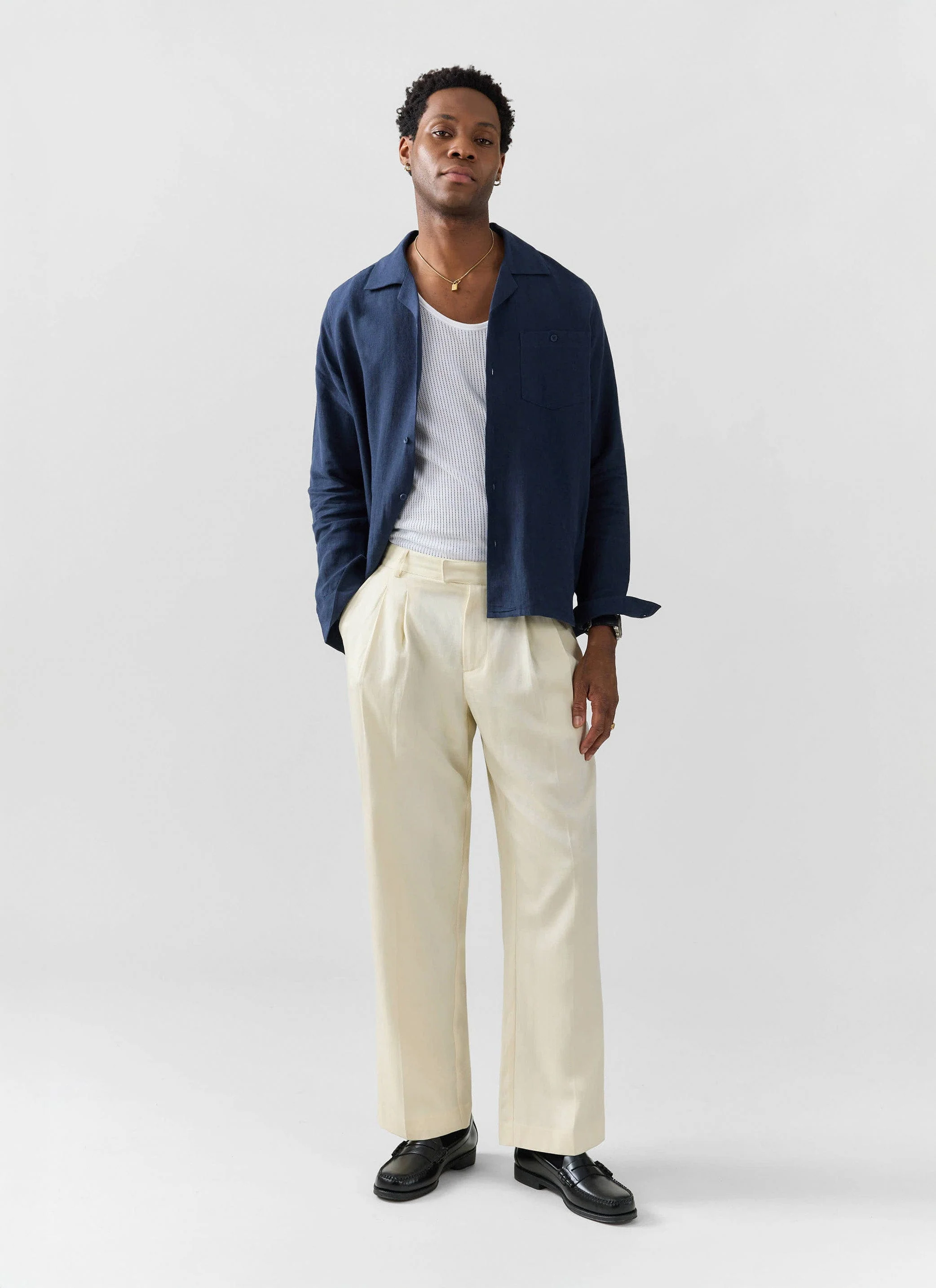 Long Sleeve Cuban Linen Shirt | Navy - Image 4