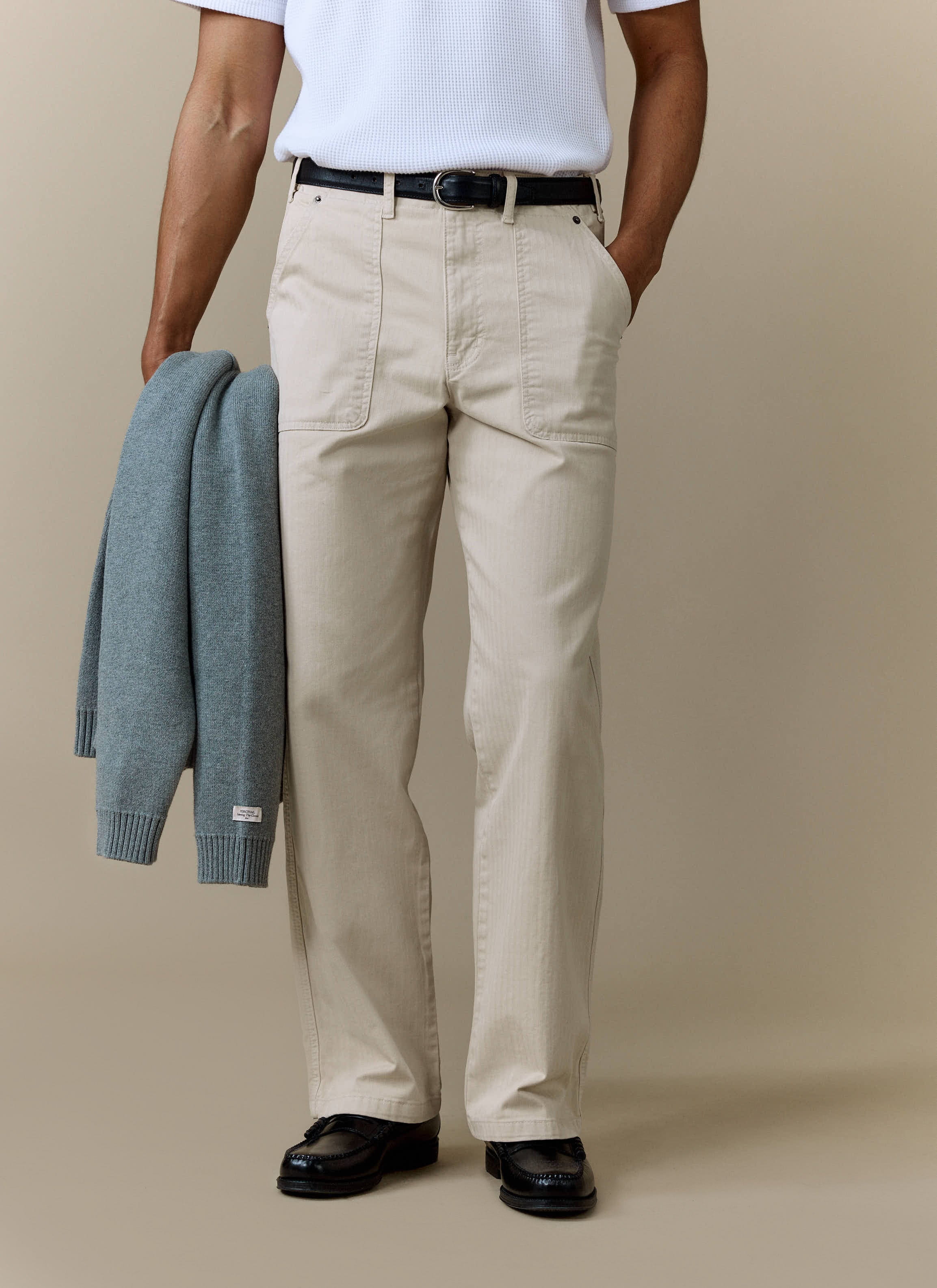 Lungo Herringbone Straight Trousers | Cotton | Cream