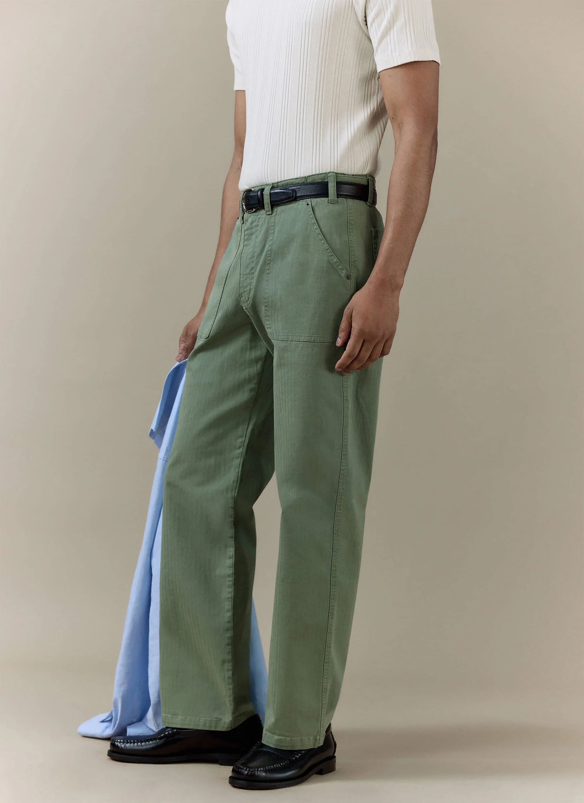 Lungo Herringbone Straight Trousers | Cotton | Sage - Image 4