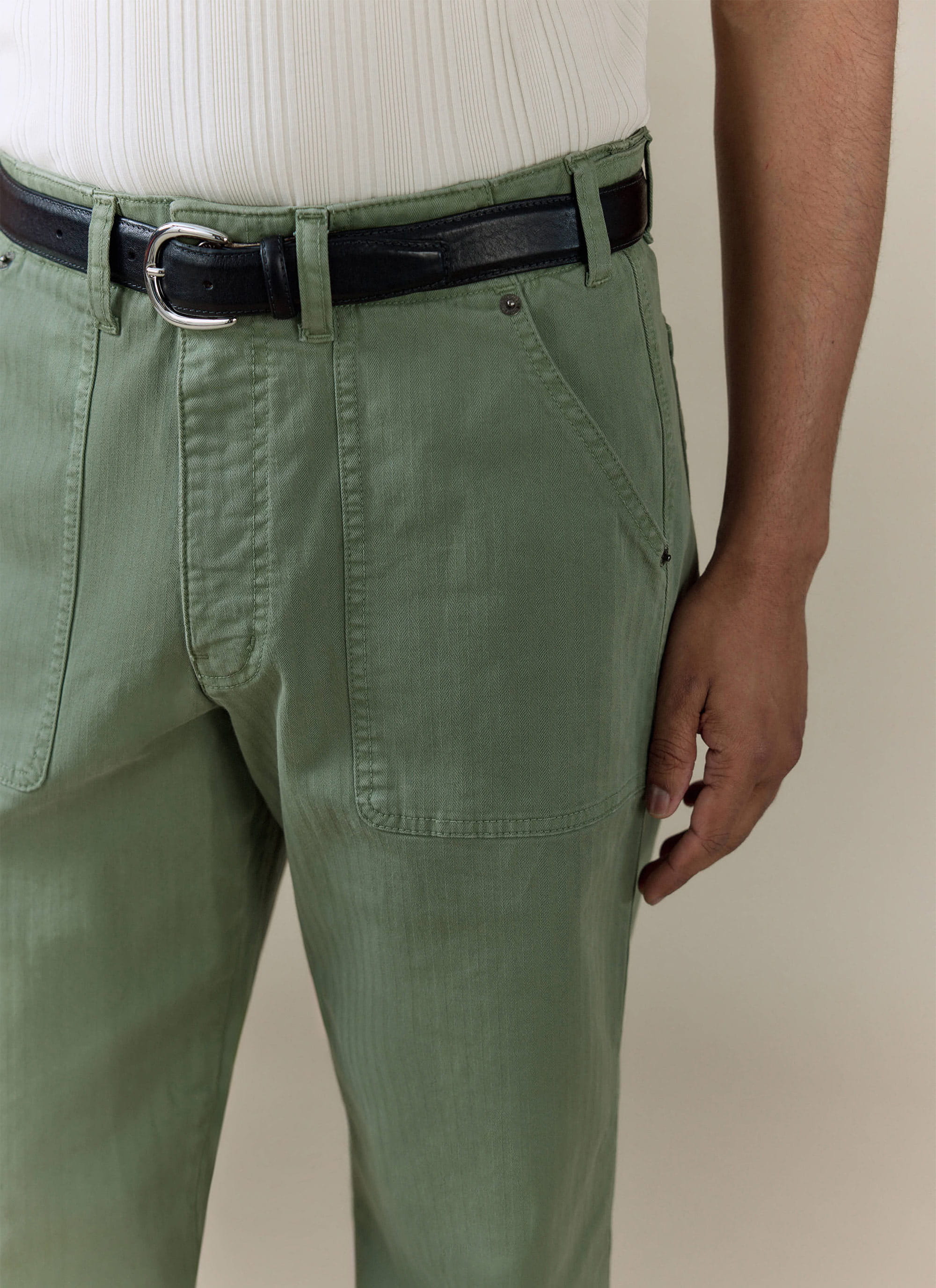 Lungo Herringbone Straight Trousers | Cotton | Sage - Image 7