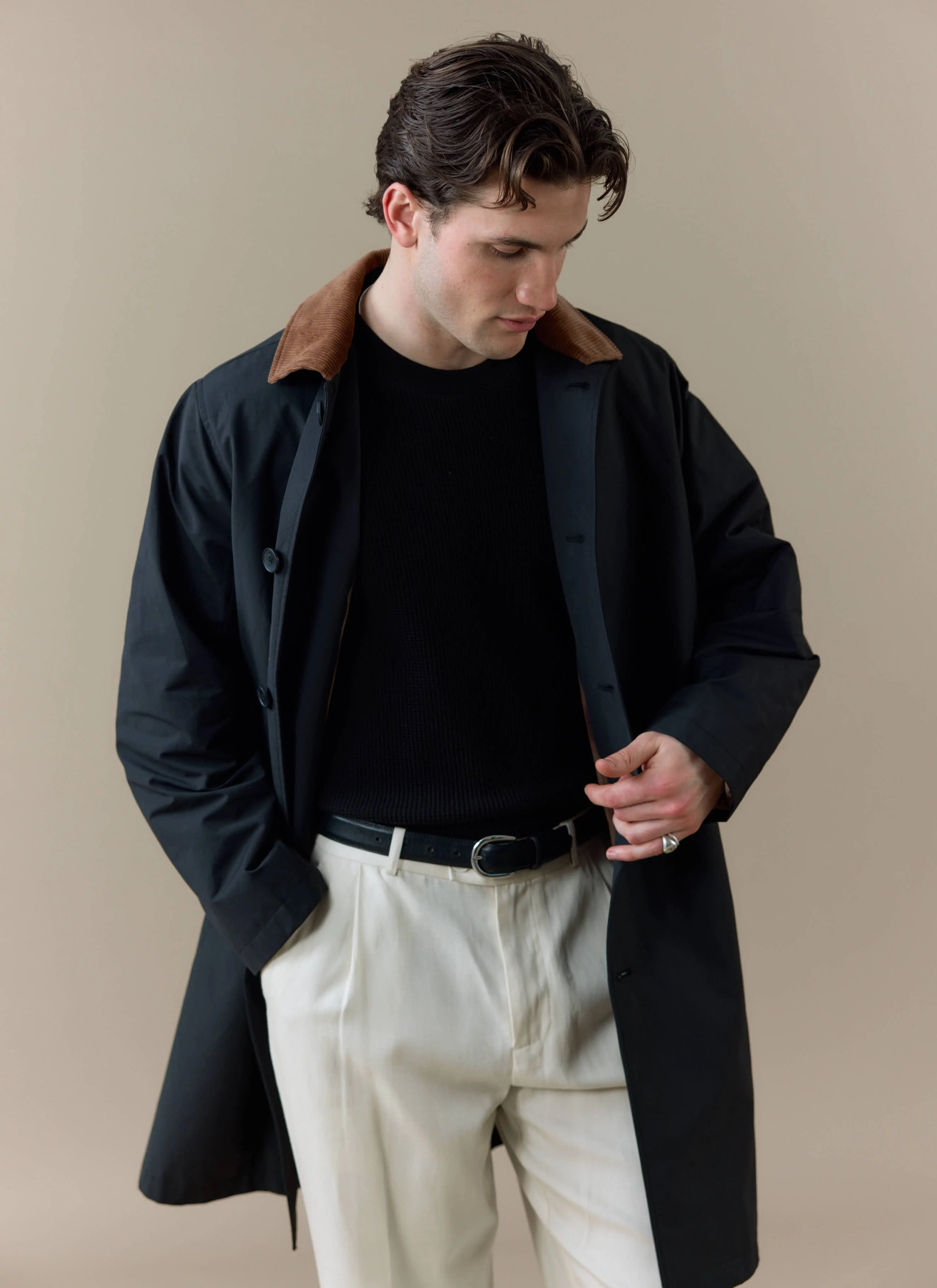 Cord Collar Relaxed Trench Coat | Cotton | Black - Image 6