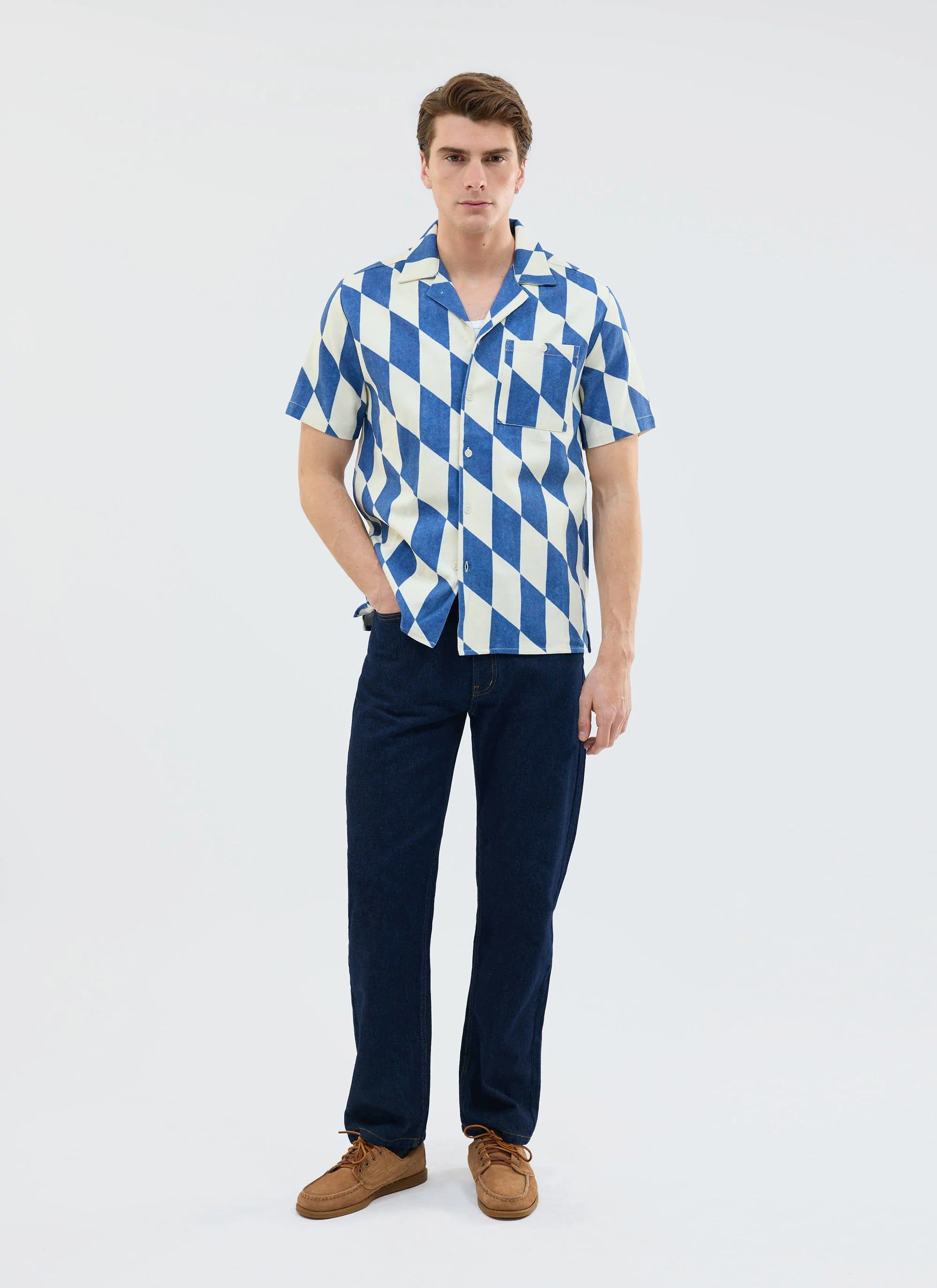 Market Diamond Cuban Shirt | Cotton | Cream with Navy - Image 3