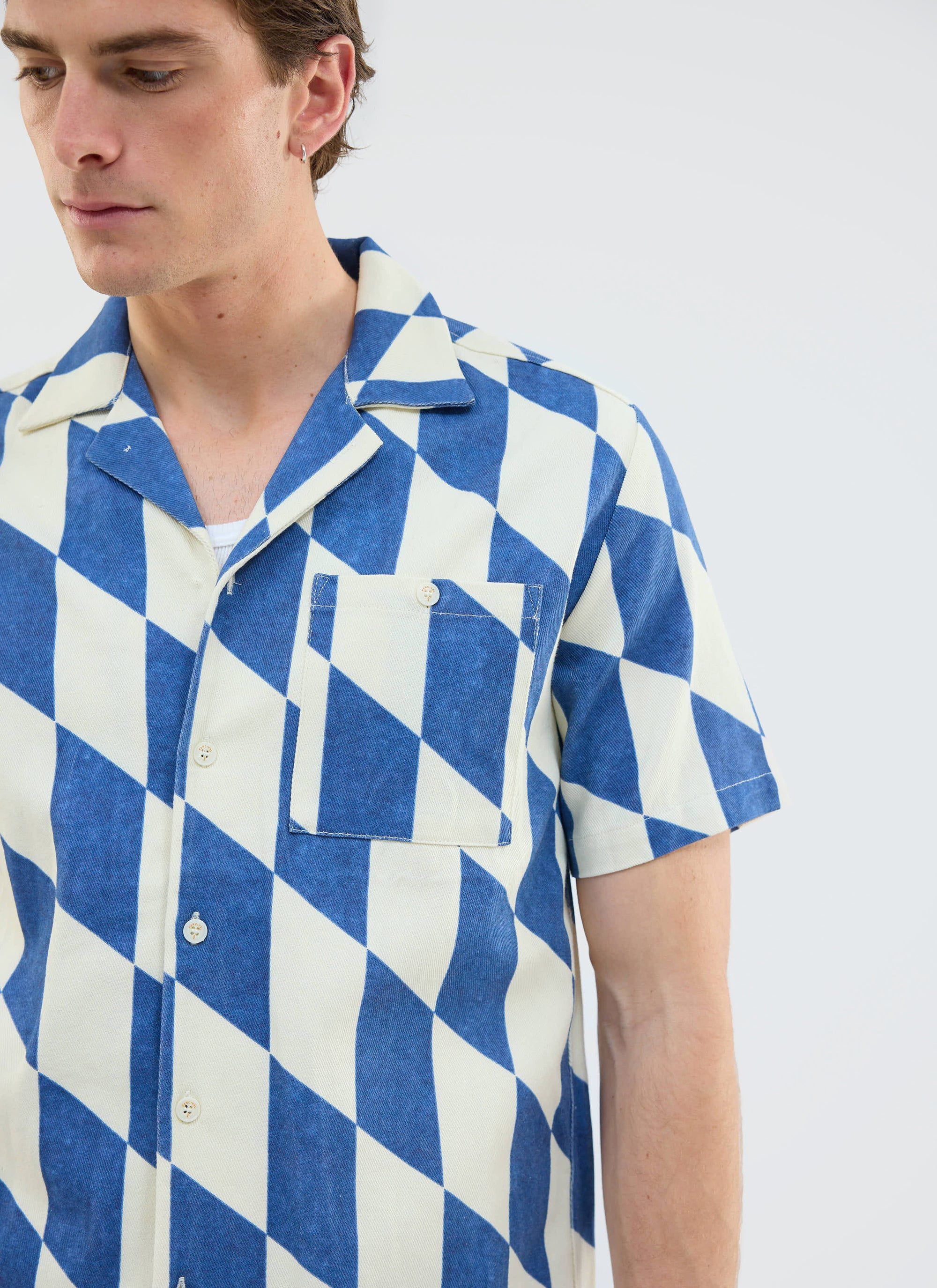 Market Diamond Cuban Shirt | Cotton | Cream with Navy - Image 4