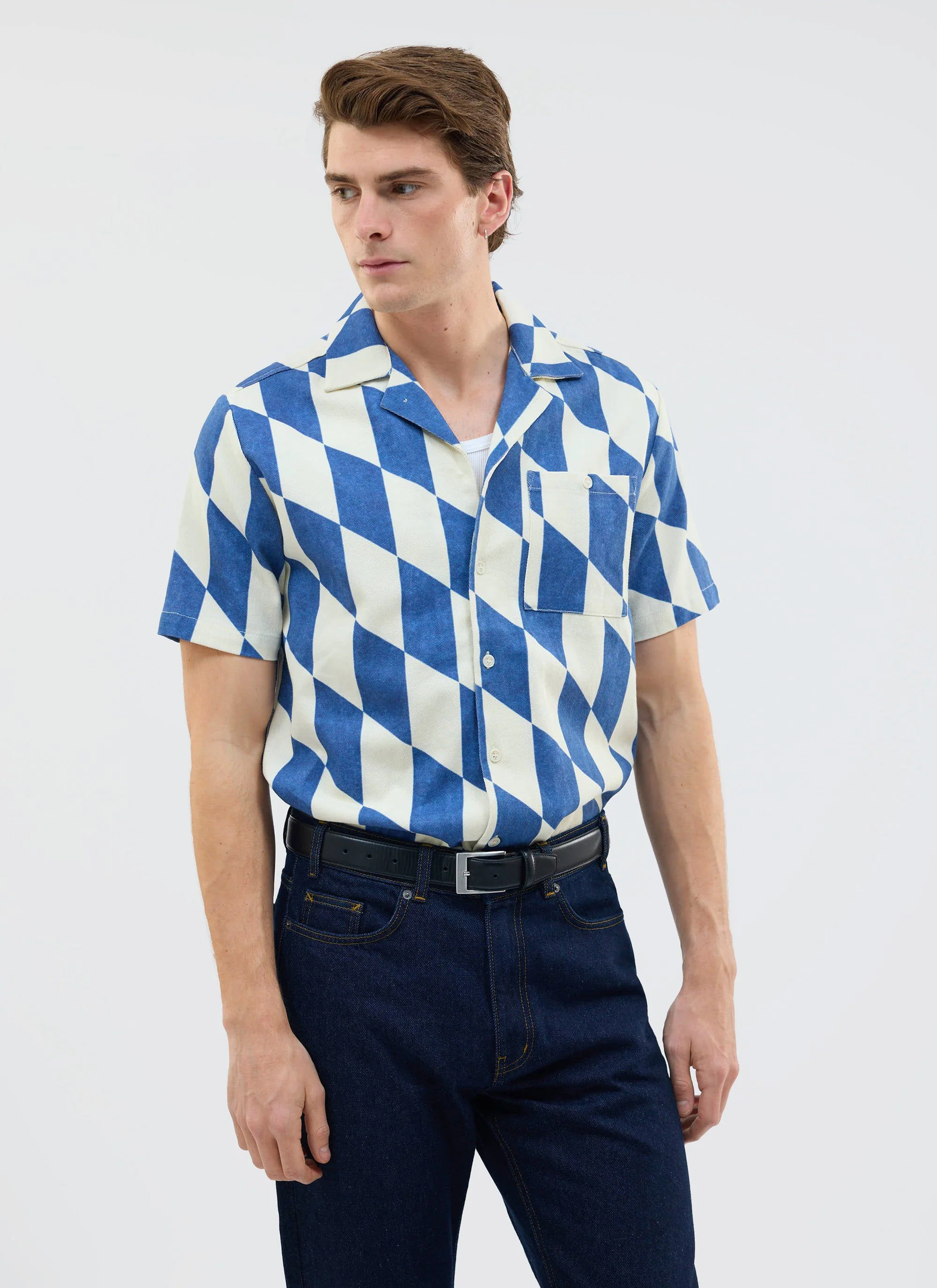 Market Diamond Cuban Shirt | Cotton | Cream with Navy - Image 5