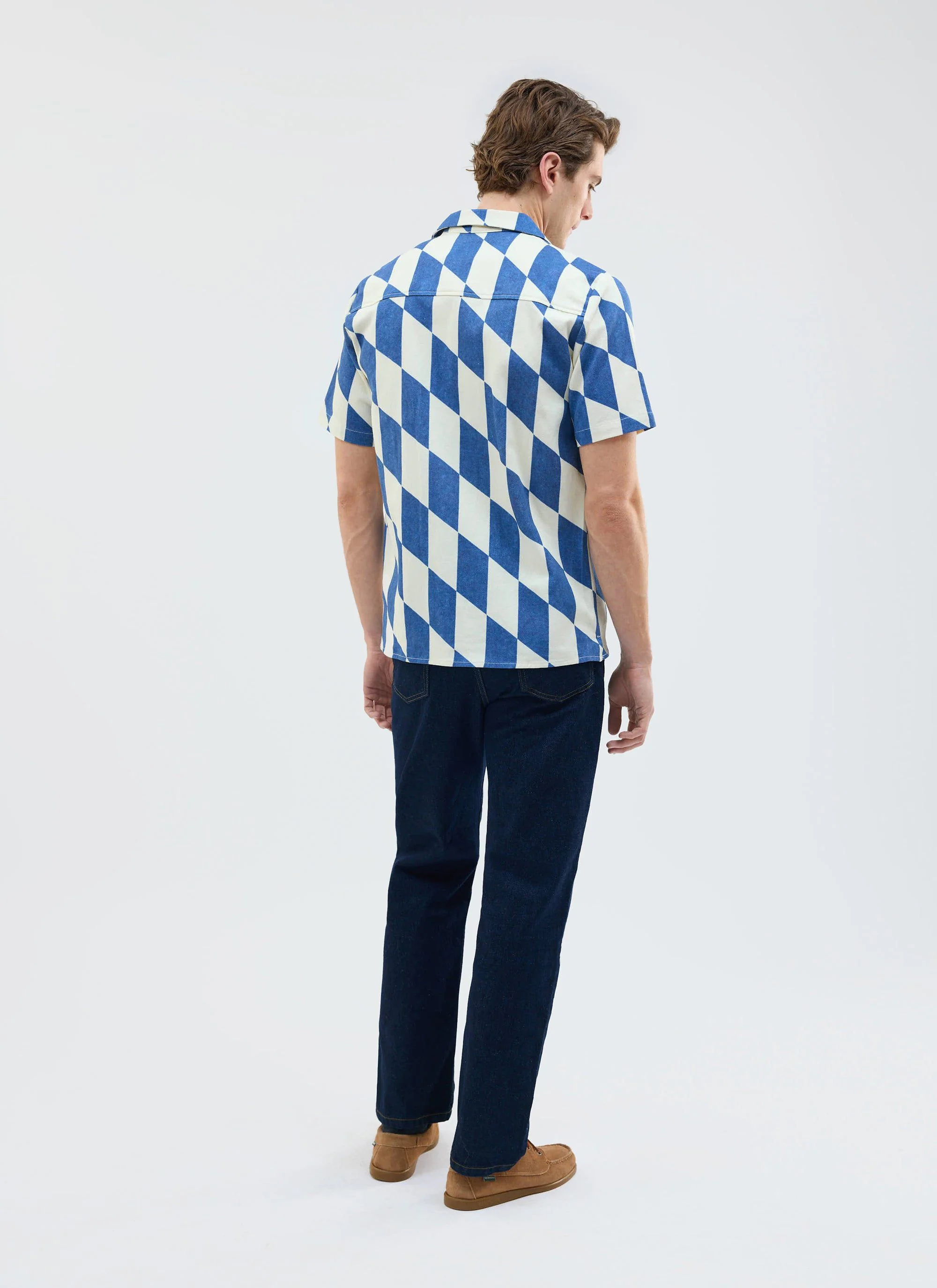 Market Diamond Cuban Shirt | Cotton | Cream with Navy - Image 6