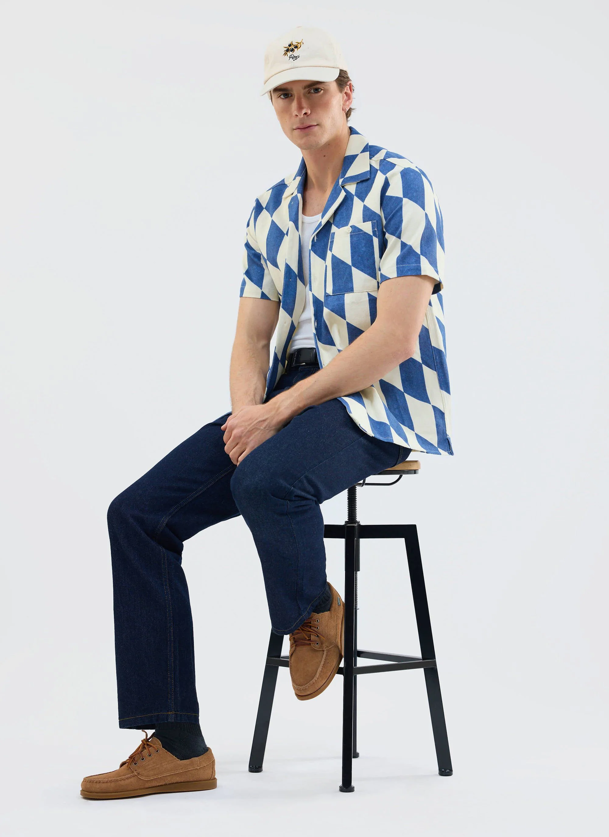 Market Diamond Cuban Shirt | Cotton | Cream with Navy - Image 7