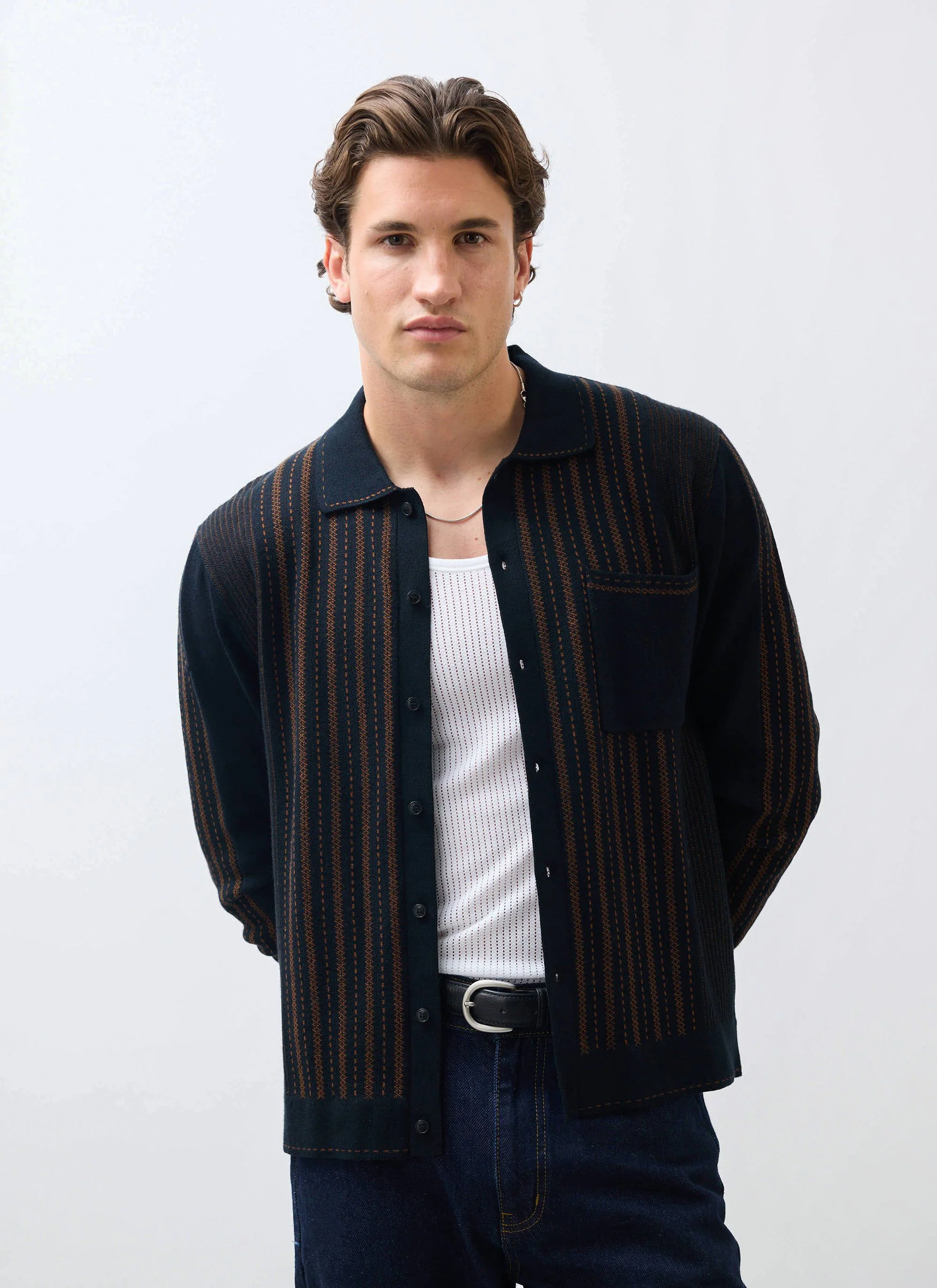 Appendix Long Sleeve Knitted Shirt | Cotton | Black with Brown - Image 3