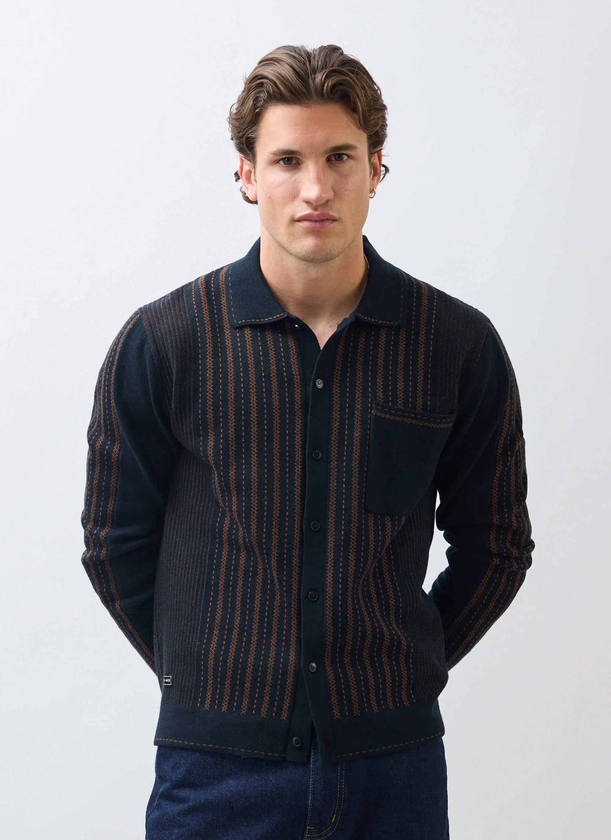 Appendix Long Sleeve Knitted Shirt | Cotton | Black with Brown - Image 6