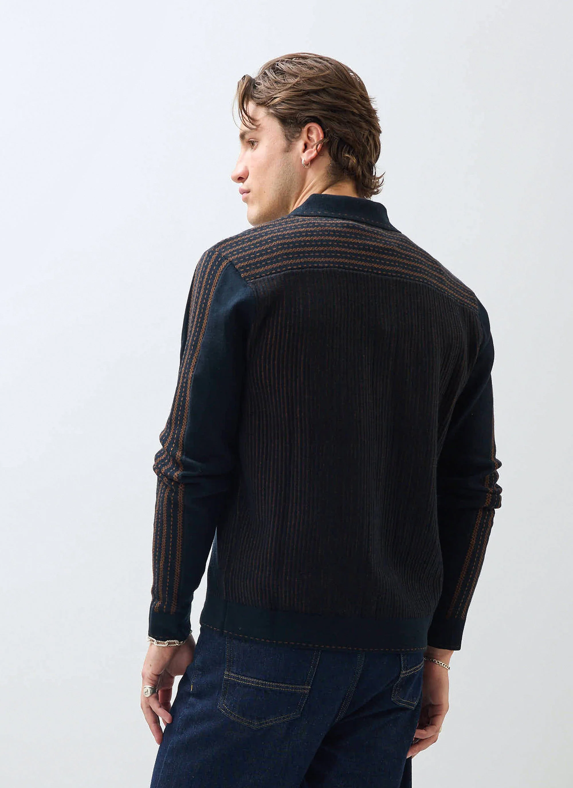Appendix Long Sleeve Knitted Shirt | Cotton | Black with Brown - Image 7