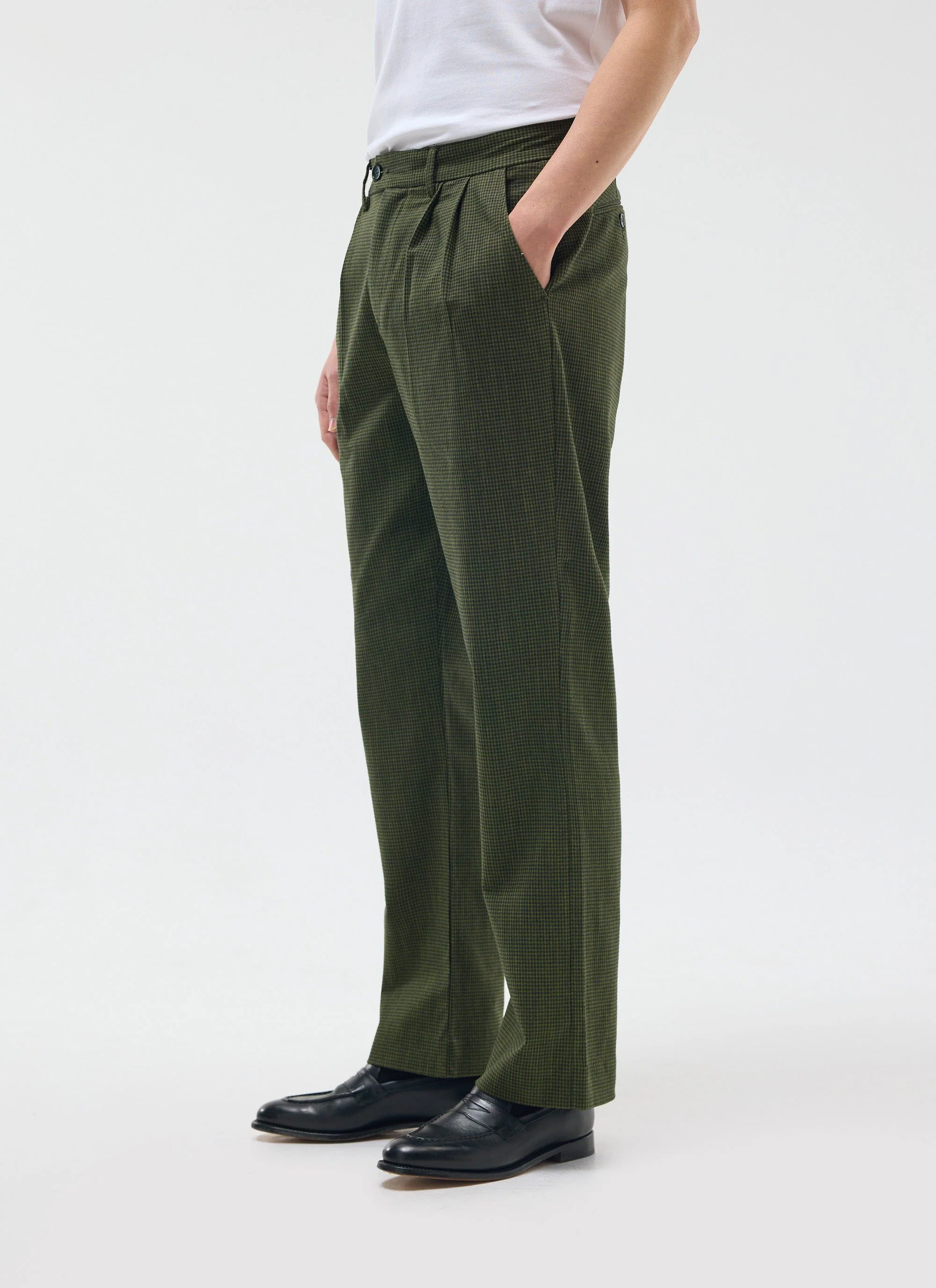 Pleated Tailored Trousers | Micro Check | Forest Green - Image 4