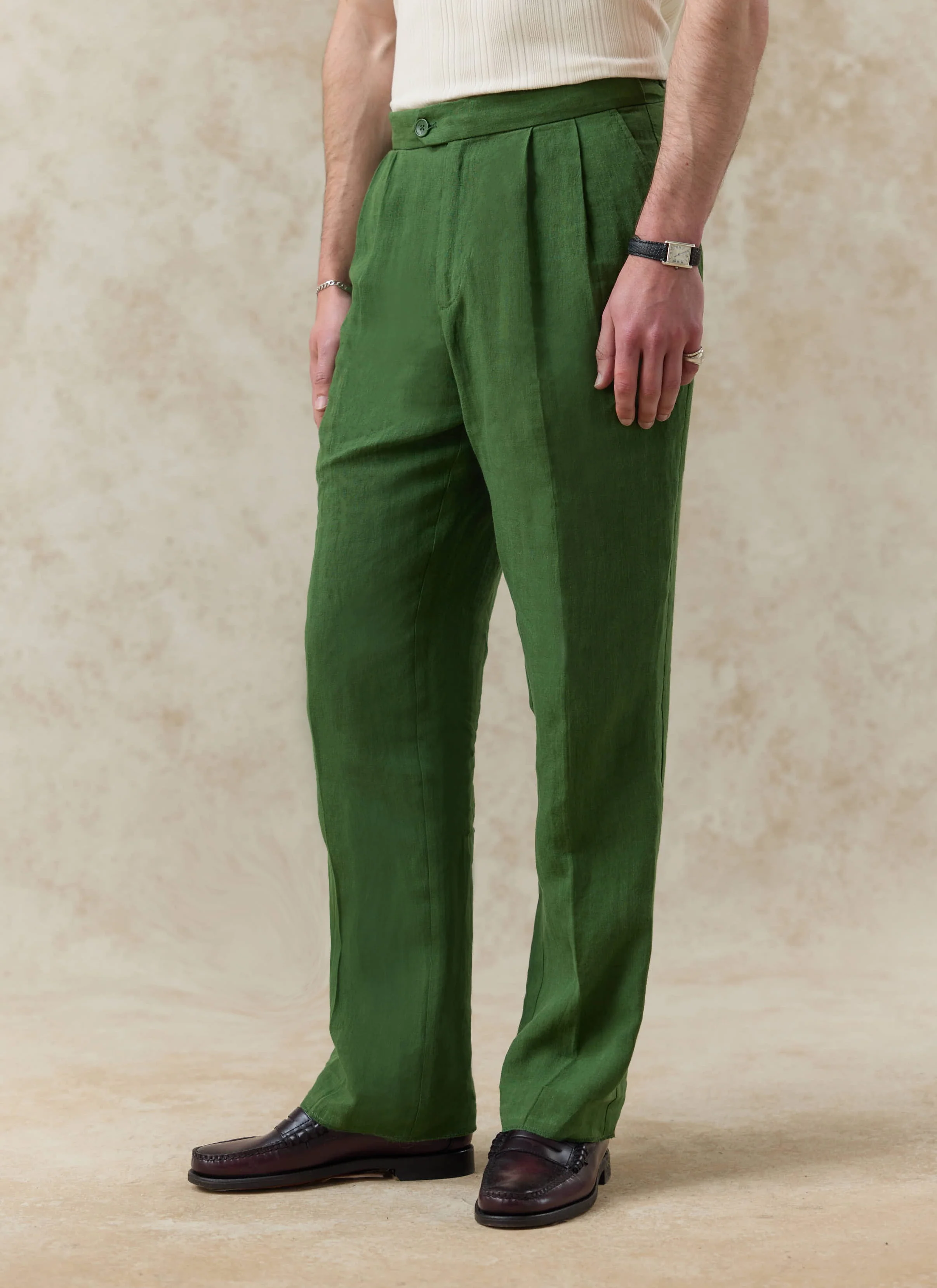 Pleated Tailored Trousers | Linen | Forest - Image 4
