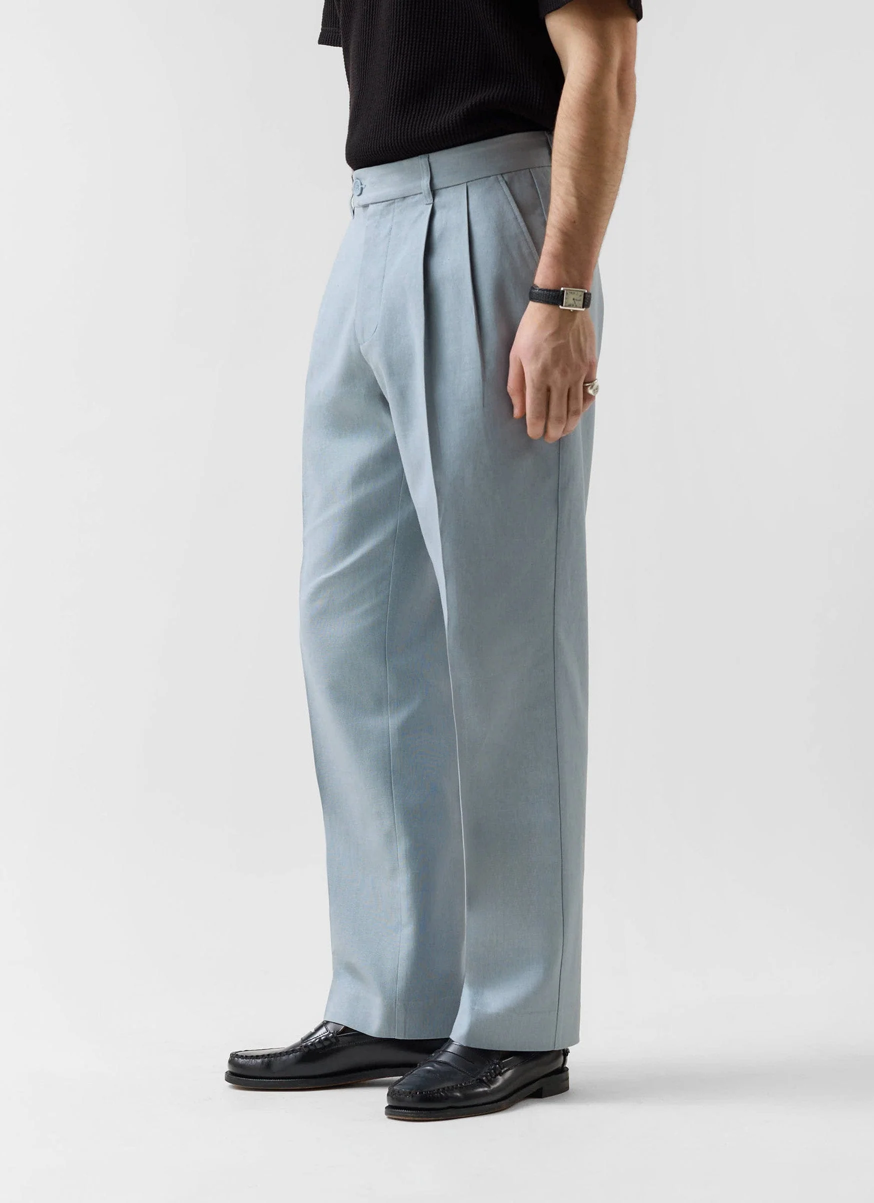 Pleated Tailored Trousers | Linen | Light Blue - Image 7