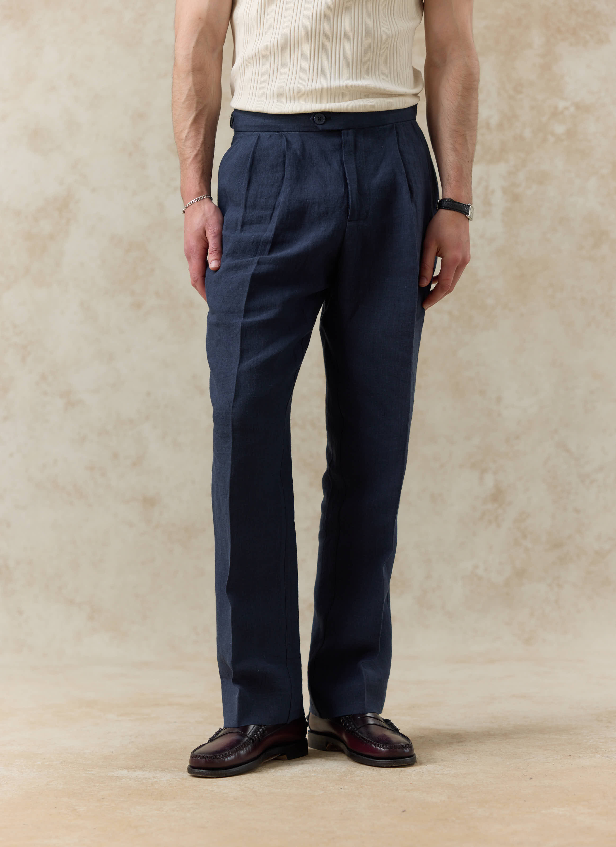Pleated Tailored Trousers | Linen | Navy - Image 4